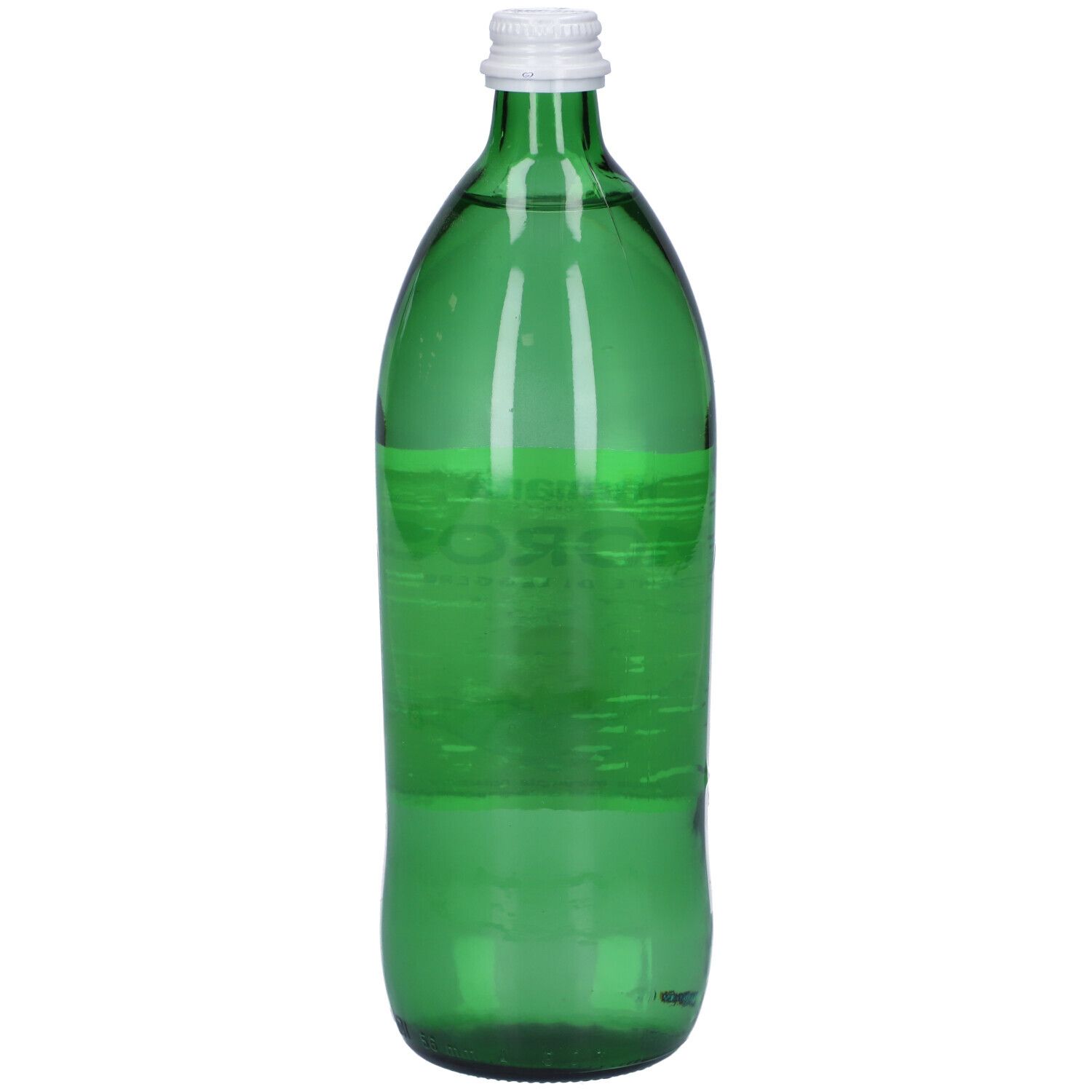 Bottiglia di vetro verde con tappo bianco. Etichetta parzialmente visibile con testo. Primo piano della bottiglia.