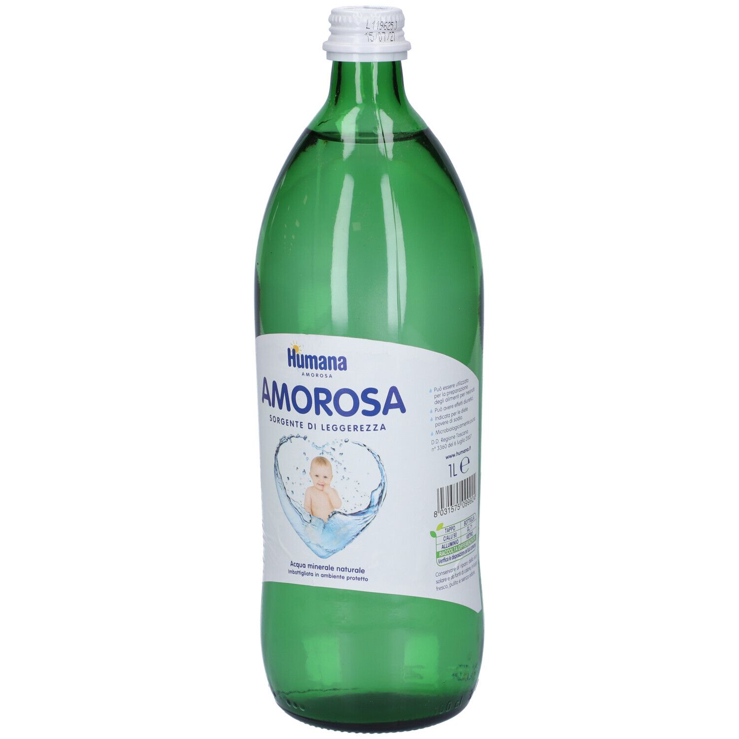 Bottiglia di vetro verde con tappo bianco. Scritta Humana Amorosa. Immagine di un bambino nell'acqua. Testo italiano. 1L.