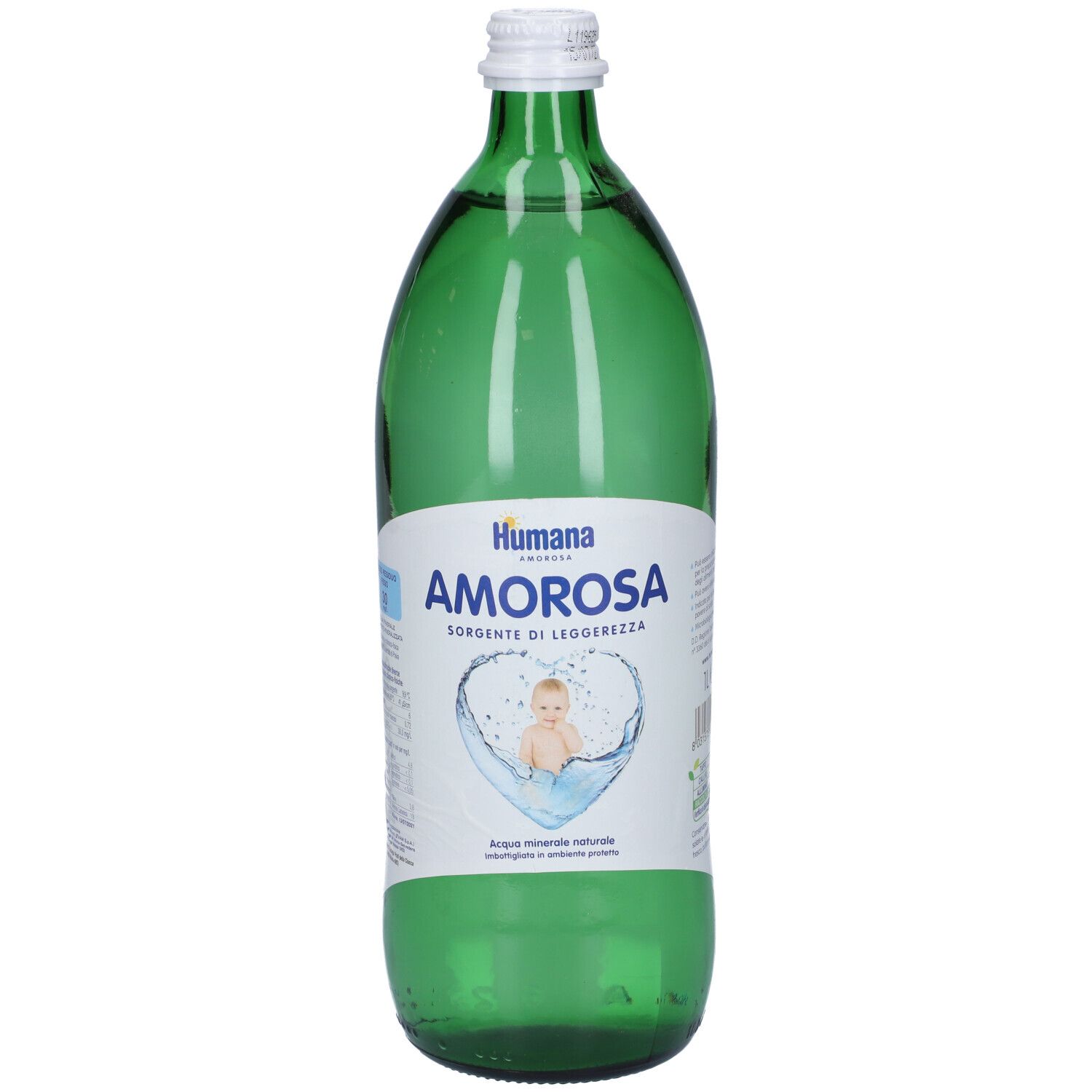 Bottiglia di vetro verde con tappo bianco. Scritta Humana Amorosa. Immagine di un bambino nell'acqua. Testo italiano.