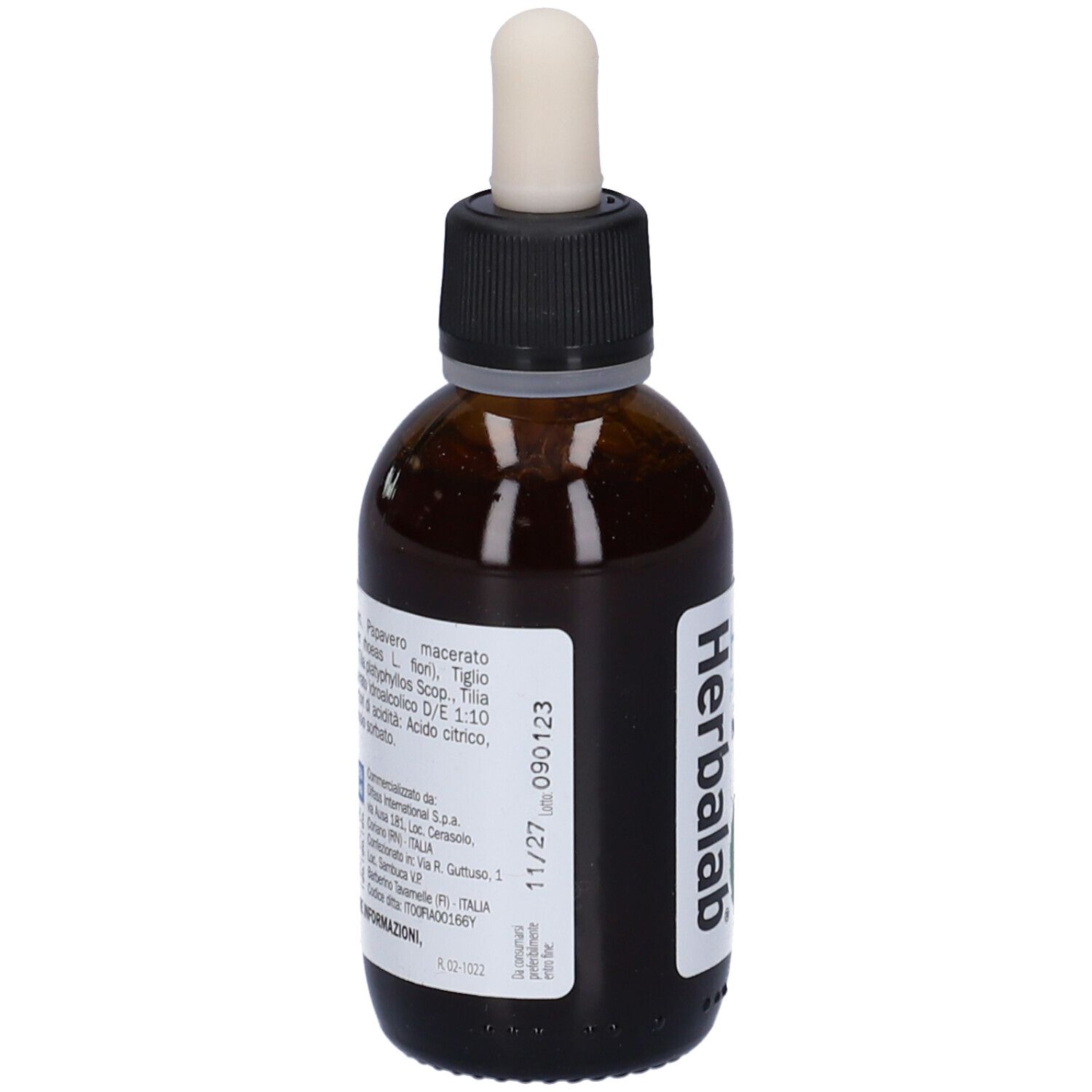 Flacone di vetro marrone con tappo nero e contagocce. Etichetta con ingredienti e informazioni del produttore.