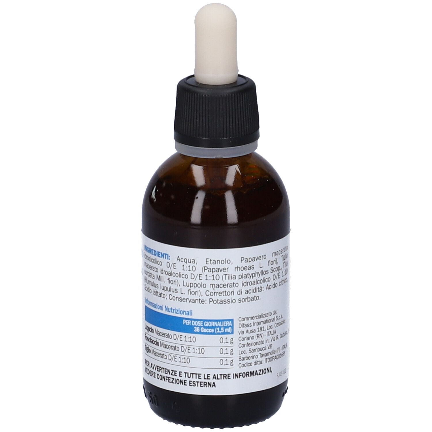 Flacone di vetro marrone con tappo nero e contagocce. Etichetta con ingredienti e informazioni nutrizionali.