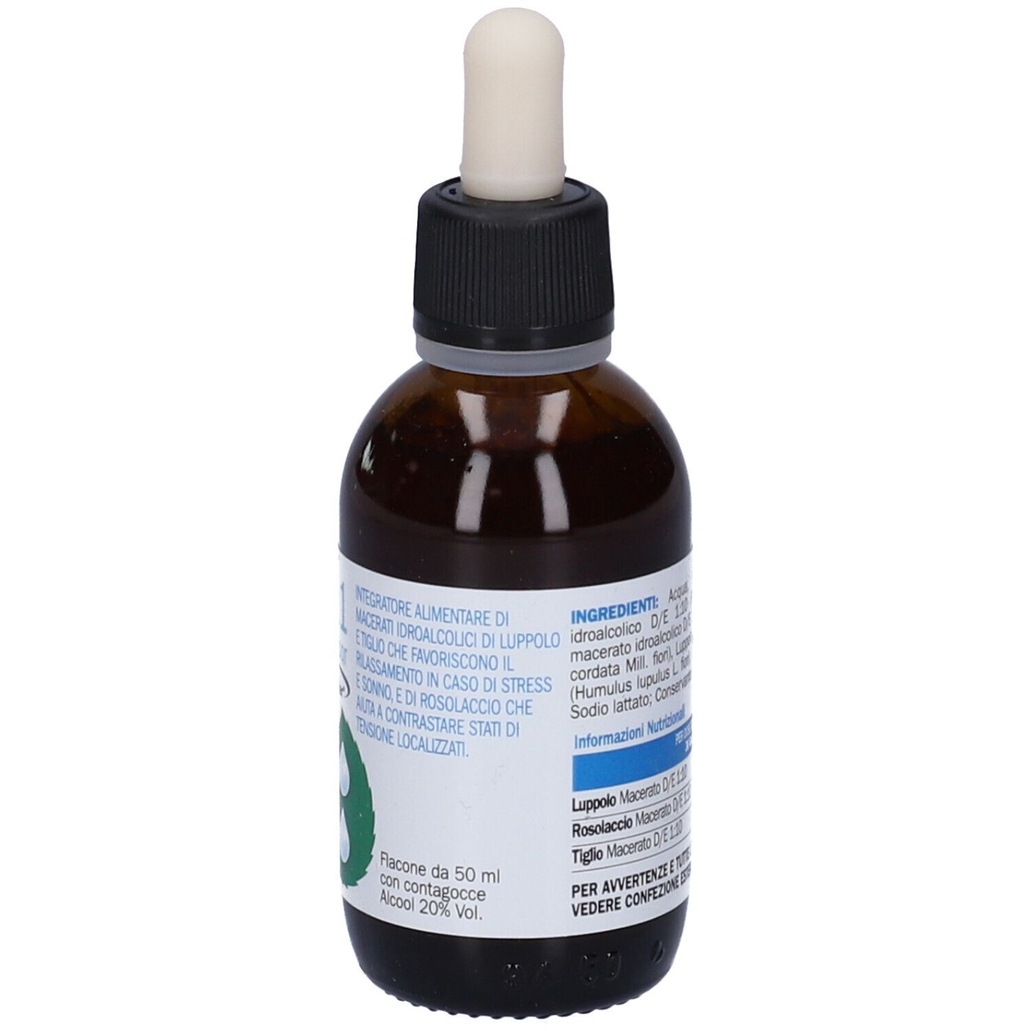 Flacone di vetro marrone con tappo nero e contagocce. Etichetta con informazioni sul prodotto e logo.