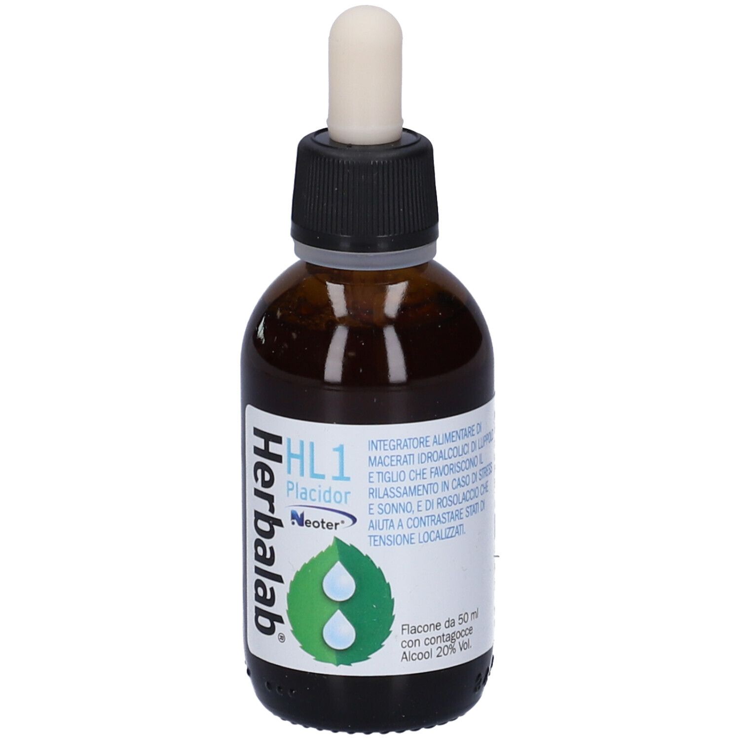 Flacone di vetro marrone con tappo nero e contagocce. Etichetta con nome del prodotto e logo. Liquido visibile.