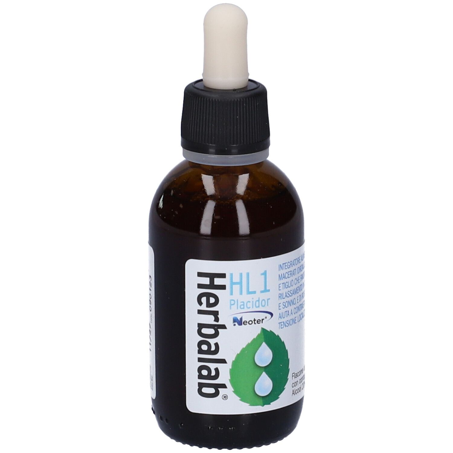 Flacone di vetro marrone con tappo nero e contagocce. Etichetta con nome del prodotto e logo. Liquido visibile.