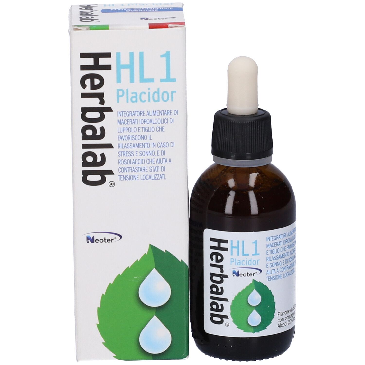 Flacone di vetro marrone con tappo nero e contagocce, accanto a una scatola bianca. Nome del prodotto sulla scatola.