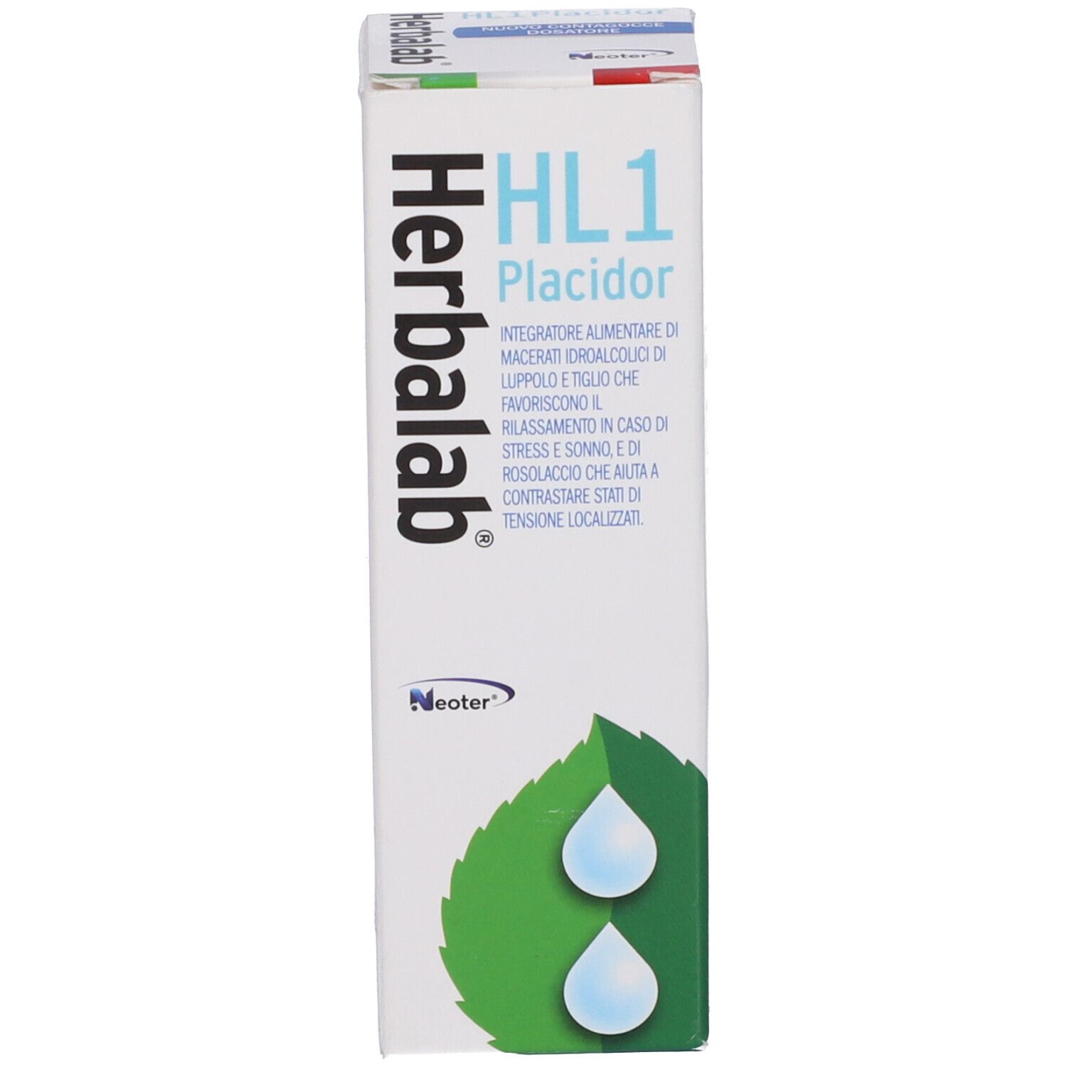 Scatola bianca con nome del prodotto e logo. Informazioni sul prodotto stampate sulla scatola.