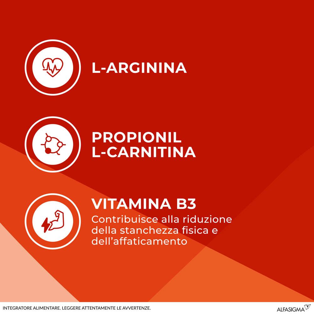 Grafico con ingredienti: L-arginina, Propionil-L-carnitina, vitamina B3. Riduce la stanchezza fisica.