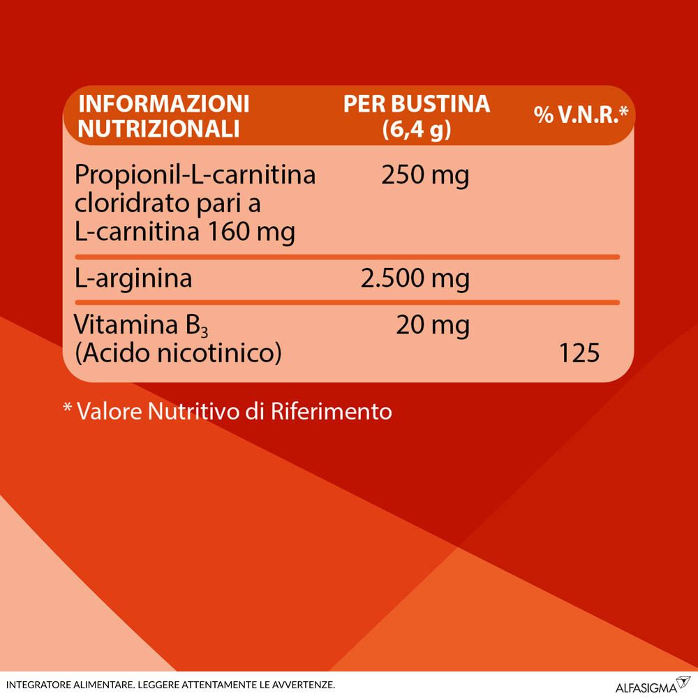 Informazioni nutrizionali per bustina: Propionil-L-carnitina, L-arginina, vitamina B3. %VNR.