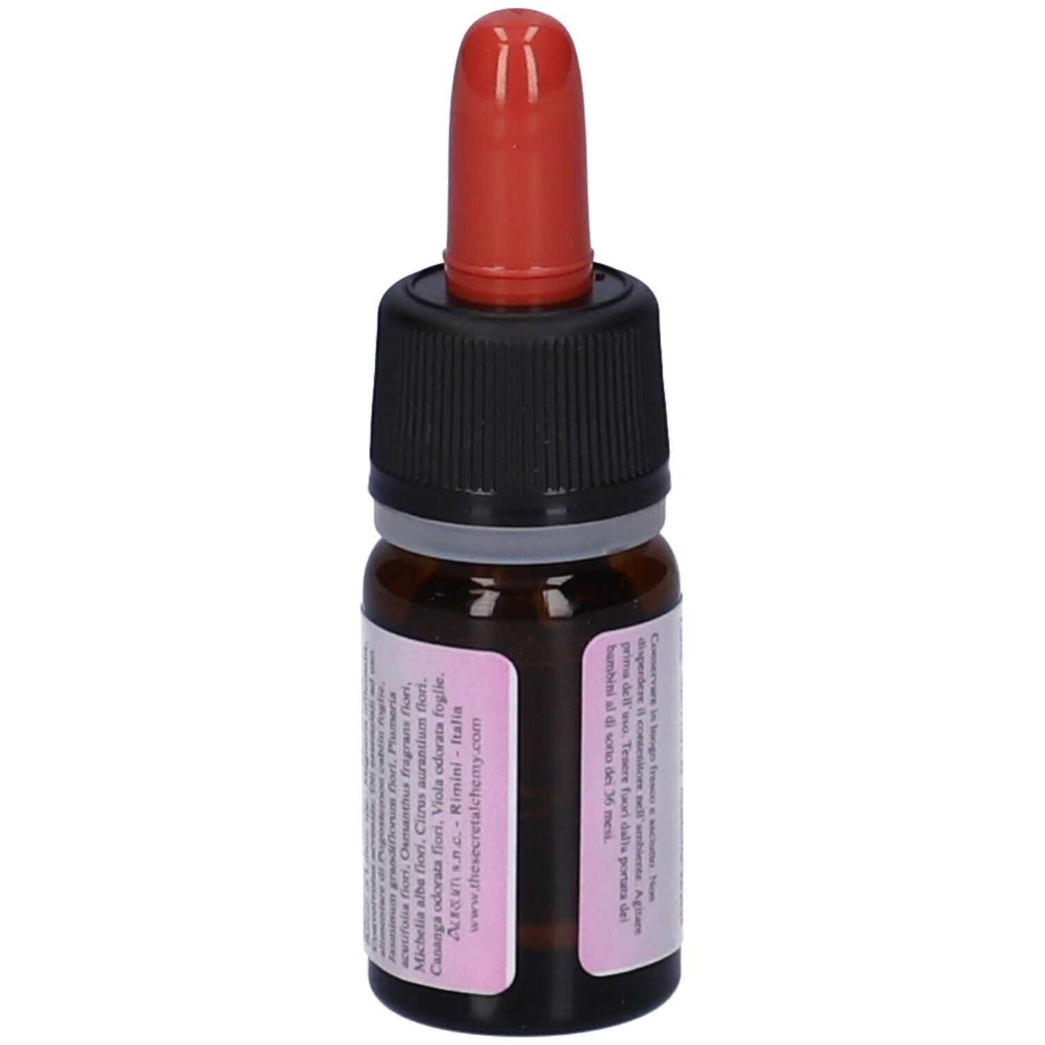 Flacone di vetro marrone con contagocce rosso. Etichetta con testo. Nome del prodotto non incluso.