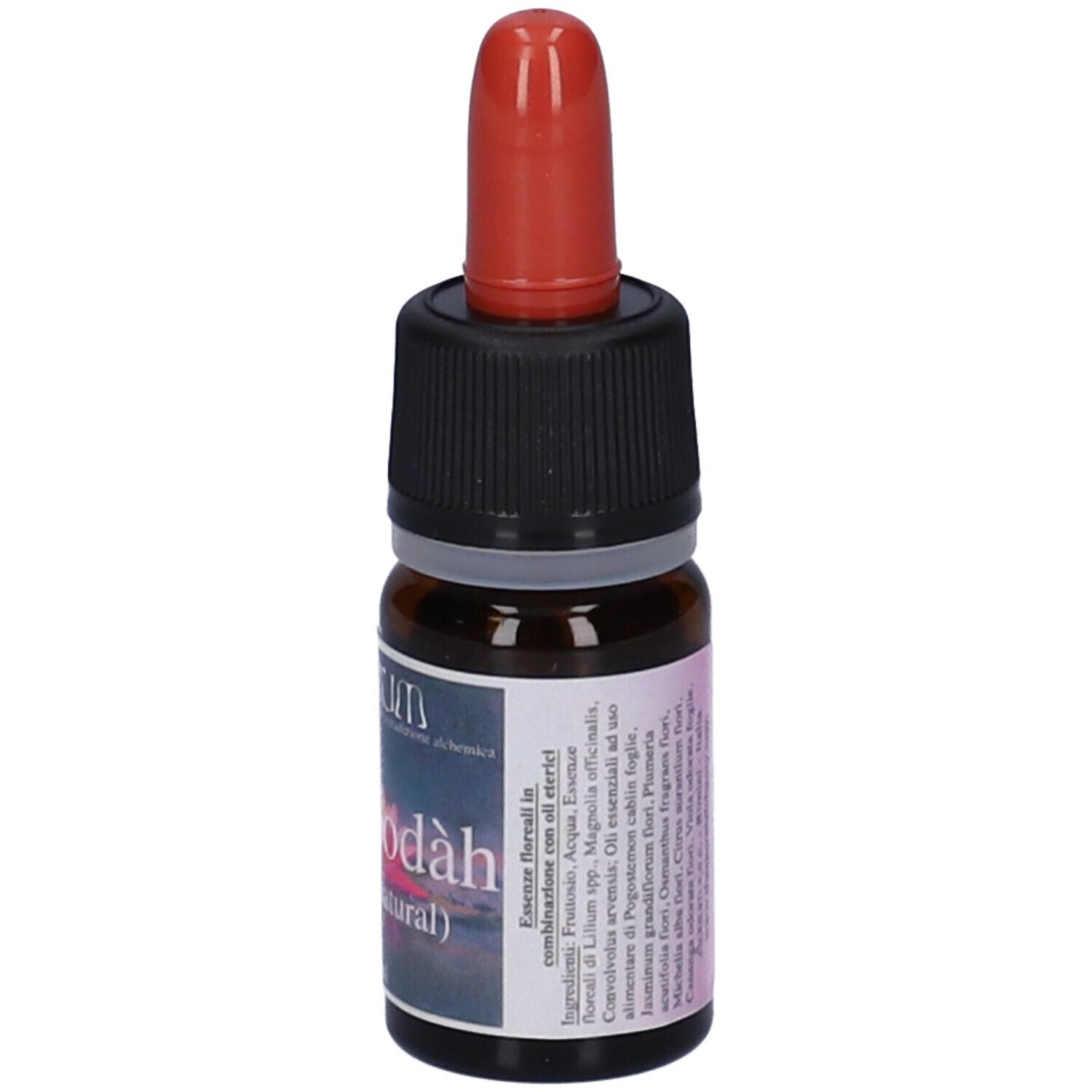 Flacone di vetro marrone con contagocce rosso. Etichetta con testo. Nome del prodotto non incluso.