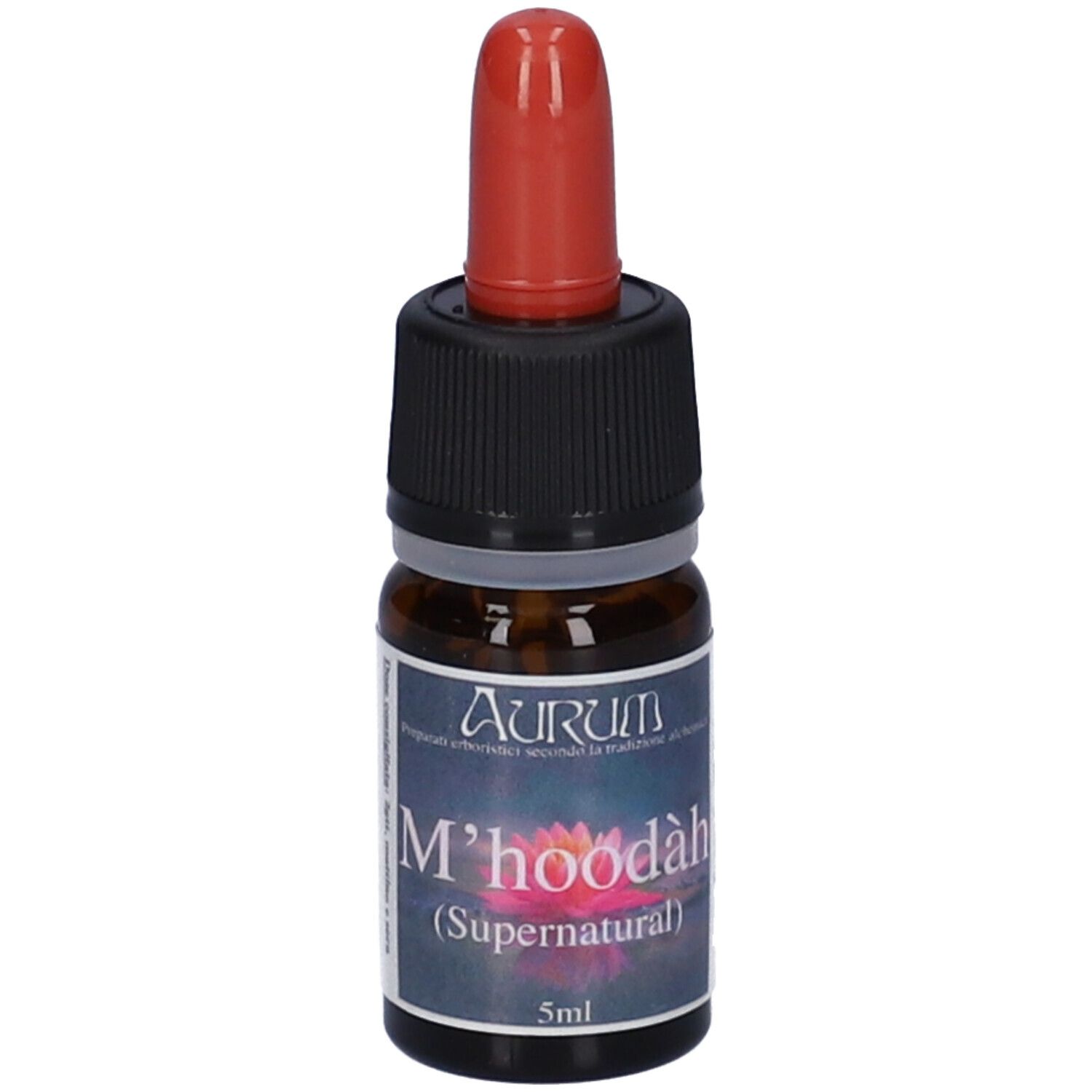 Flacone di vetro marrone con contagocce rosso. Etichetta con testo. Nome del prodotto non incluso.