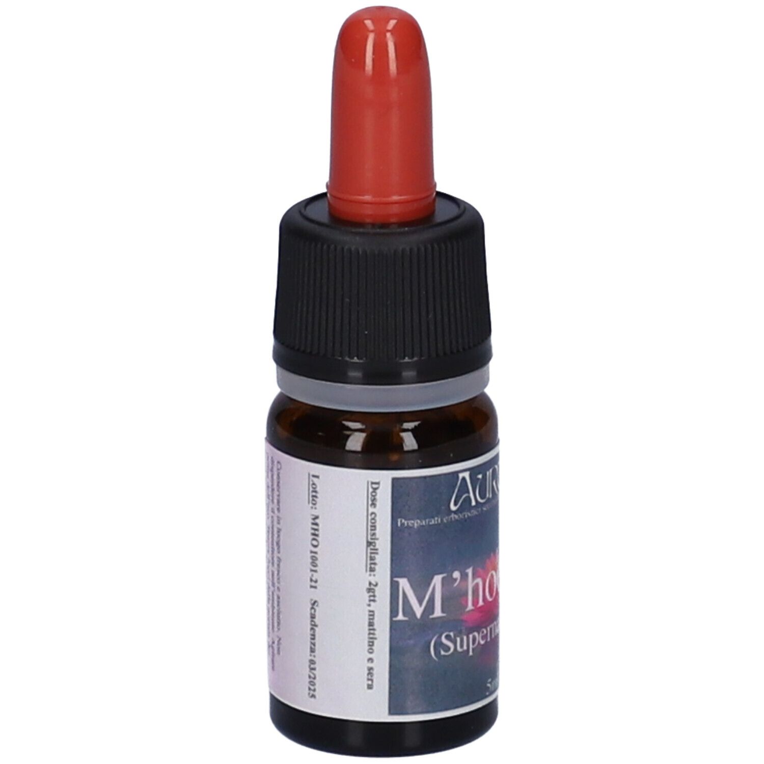 Flacone di vetro marrone con contagocce rosso. Etichetta con testo. Nome del prodotto non incluso.