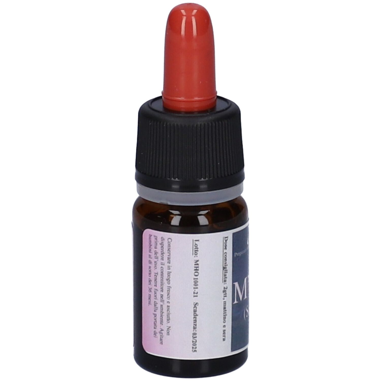 Flacone di vetro marrone con contagocce rosso. Etichetta con testo. Nome del prodotto non incluso.