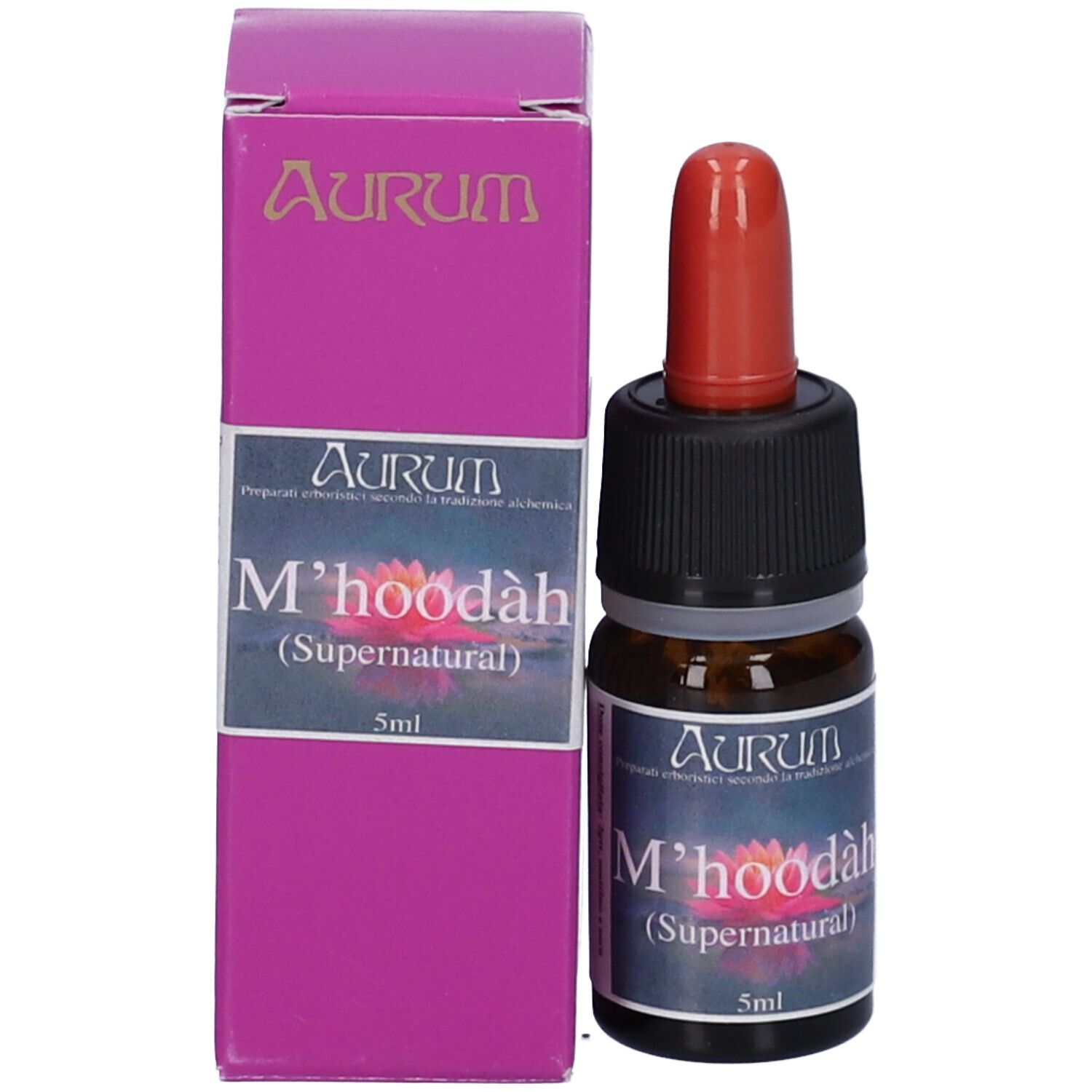 Flacone di vetro marrone con contagocce rosso e confezione. Nome del prodotto e marchio visibili.