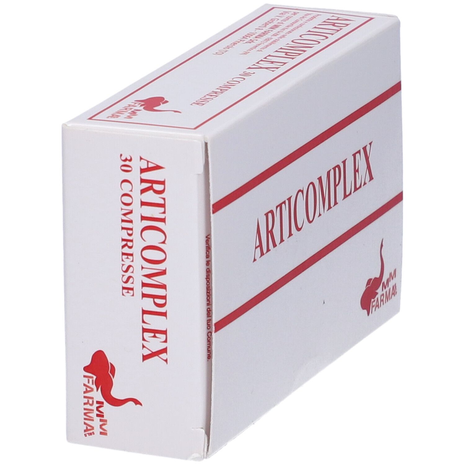 Scatola bianca inclinata con scritta rossa ARTICOMPLEX e logo. 30 Compresse.