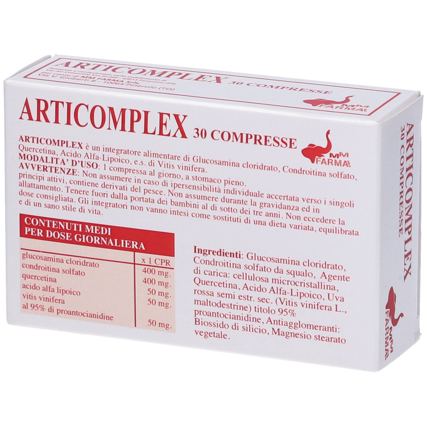 Scatola bianca con scritta rossa ARTICOMPLEX. Testo con ingredienti e informazioni nutrizionali.