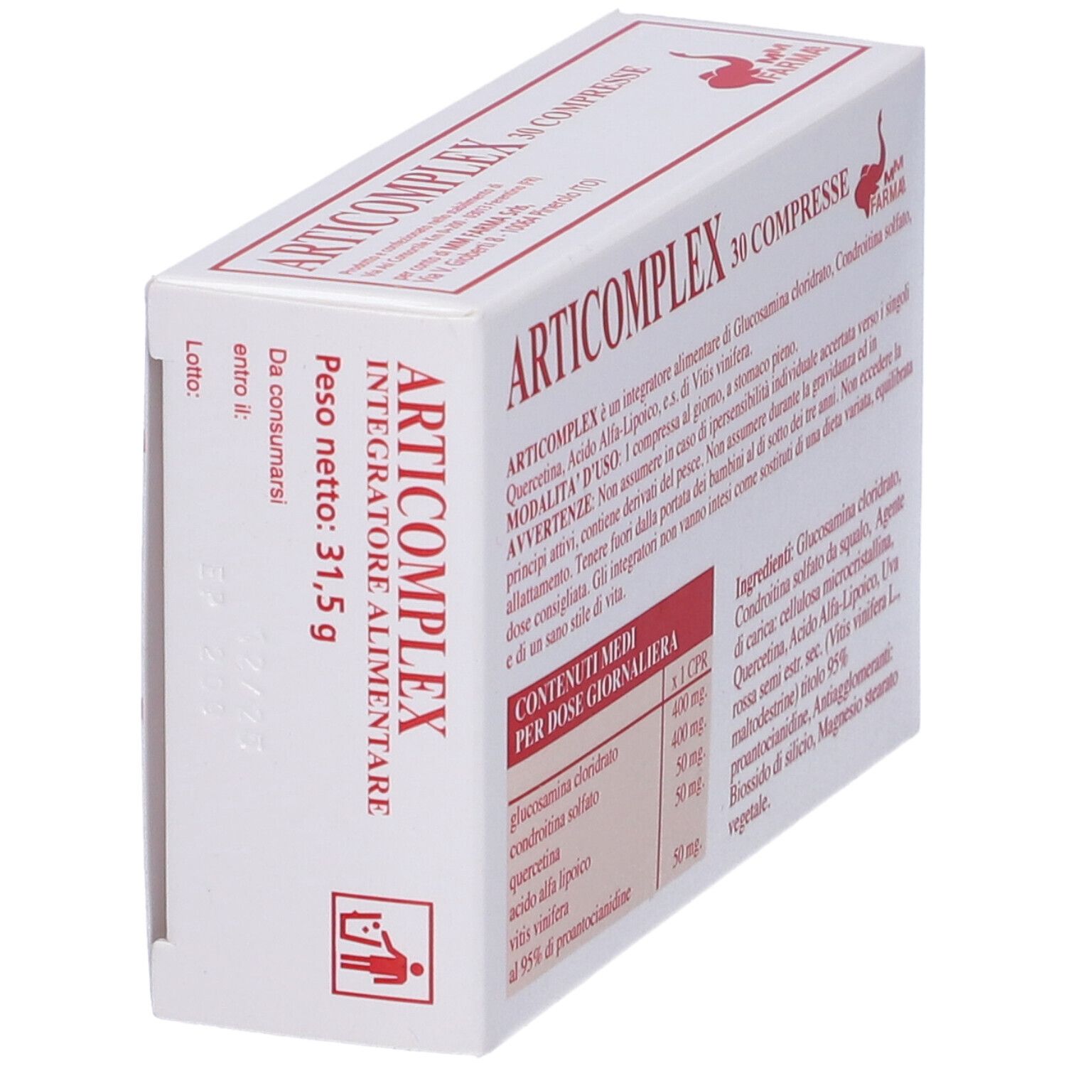 Scatola bianca inclinata con scritta rossa ARTICOMPLEX. Testo con ingredienti e informazioni nutrizionali.