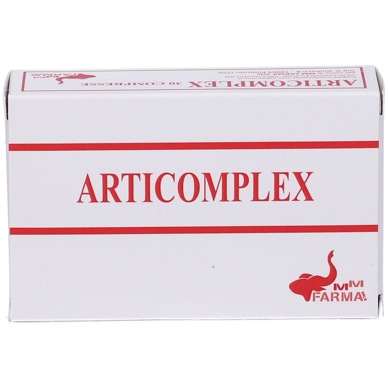 Scatola bianca con scritta rossa ARTICOMPLEX e logo. MM Farma.