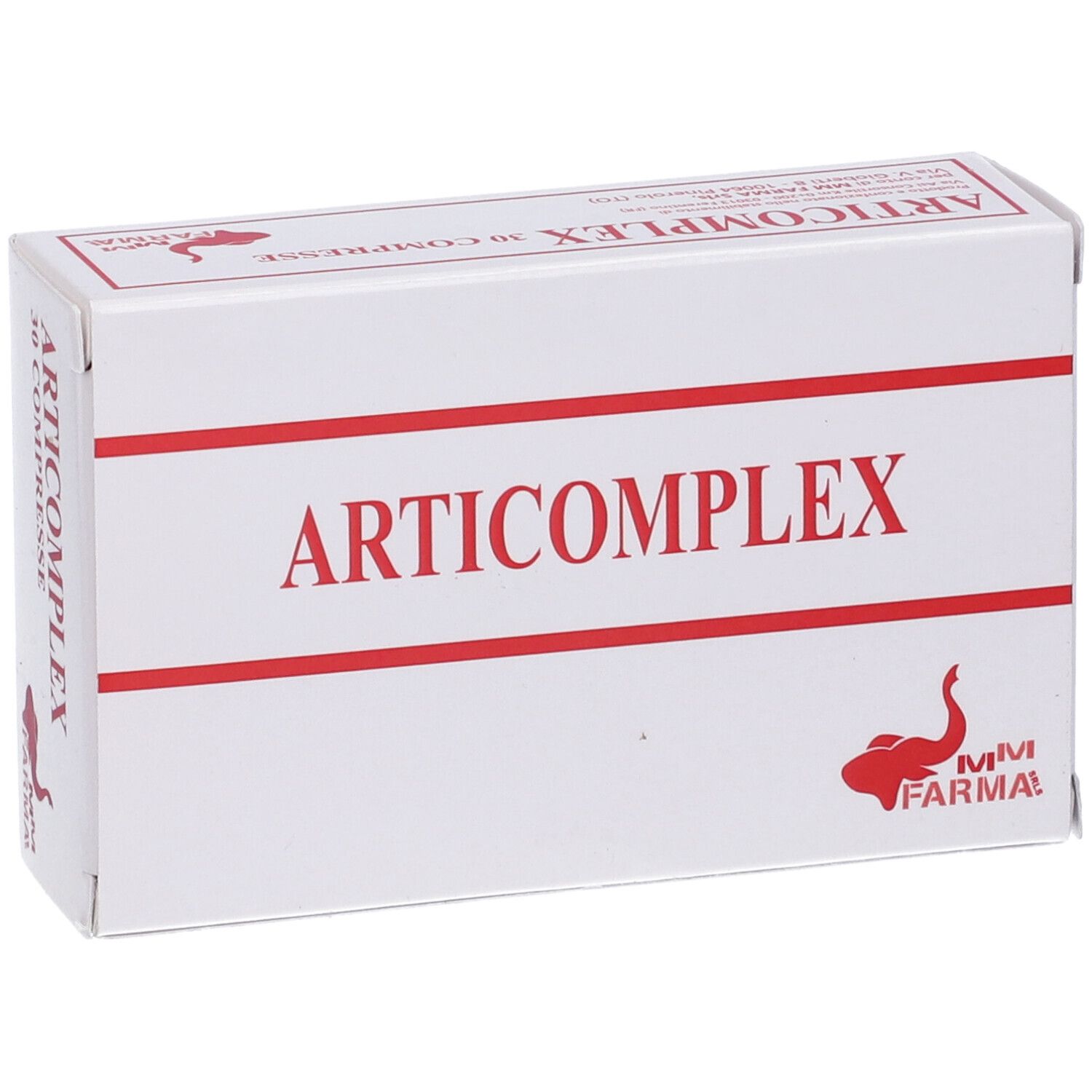 Scatola bianca con scritta rossa ARTICOMPLEX e logo. MM Farma.