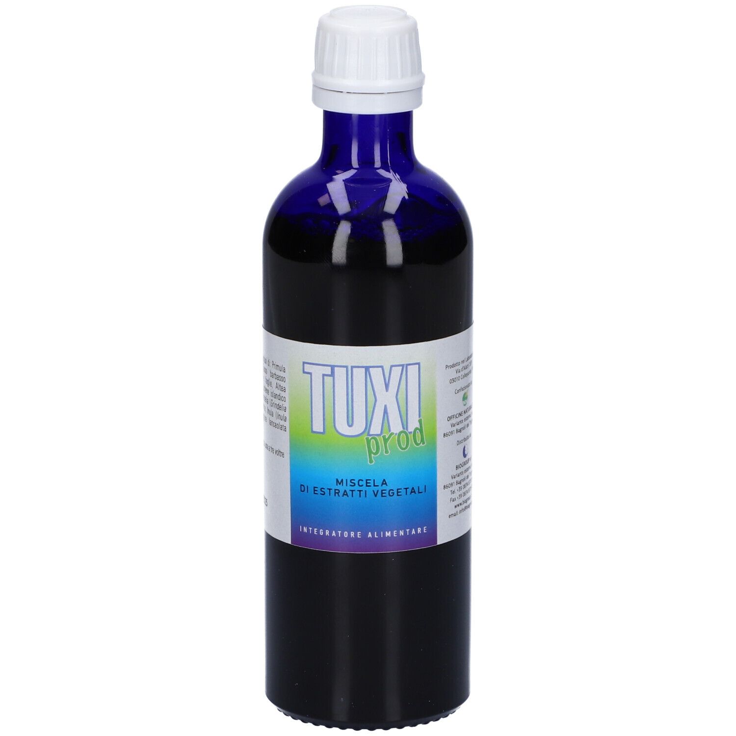 Flacone di vetro blu con tappo bianco. Scritta: TUXI prod. Etichetta con sfumatura verde-blu.