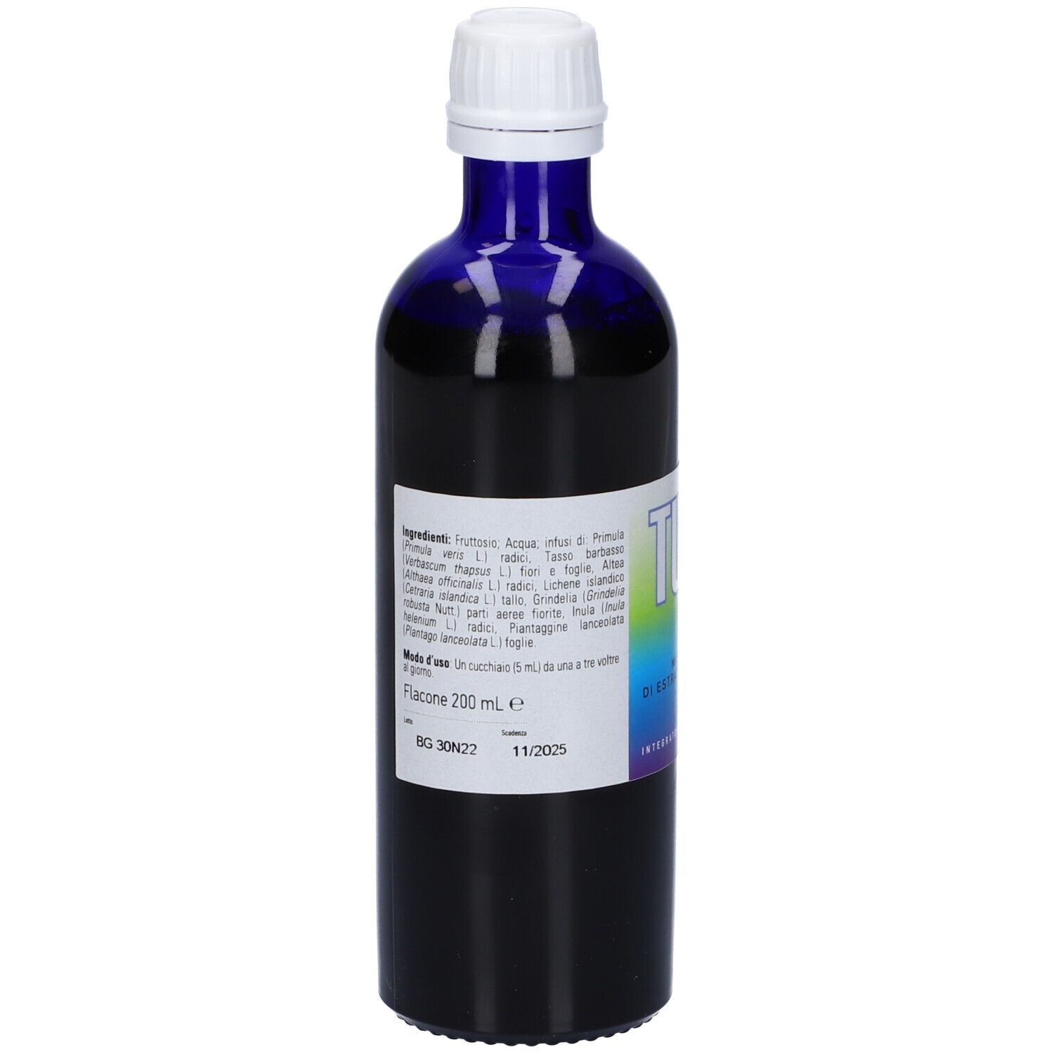 Flacone di vetro blu con tappo bianco. Etichetta con ingredienti e data di scadenza.