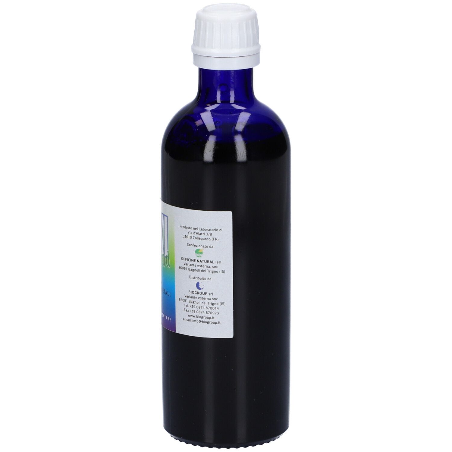 Flacone di vetro blu con tappo bianco. Etichetta con informazioni del produttore e logo.