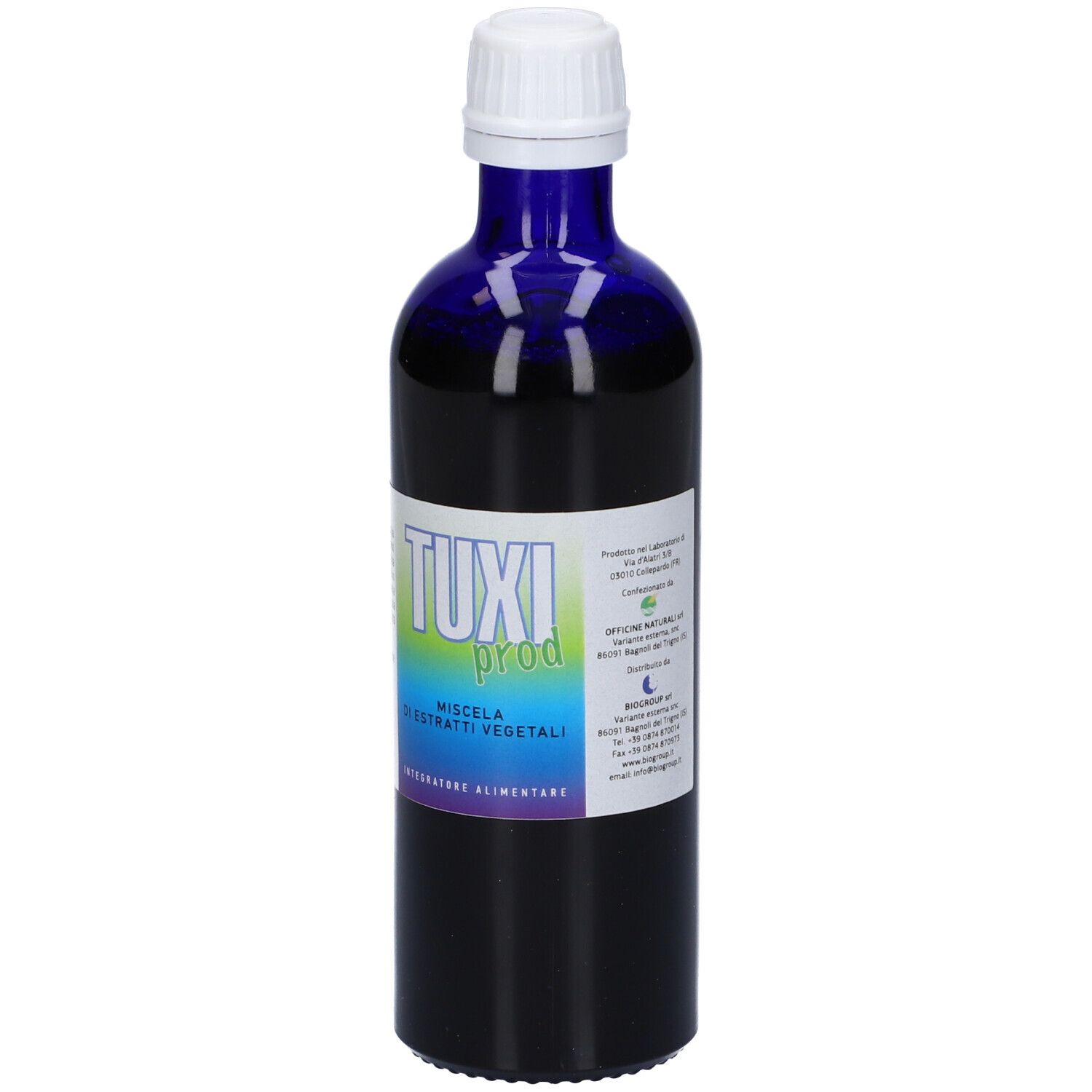 Flacone di vetro blu con tappo bianco. Scritta: TUXI prod. Etichetta con sfumatura verde-blu.
