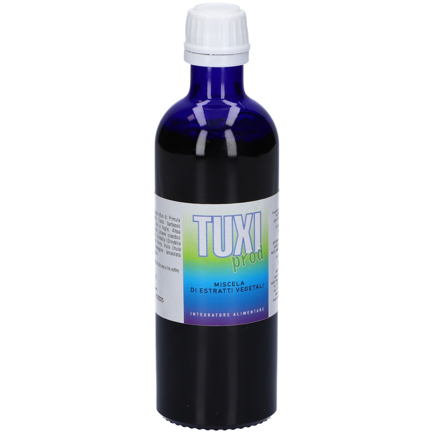 Flacone di vetro blu con tappo bianco. Scritta: TUXI prod. Etichetta con sfumatura verde-blu.