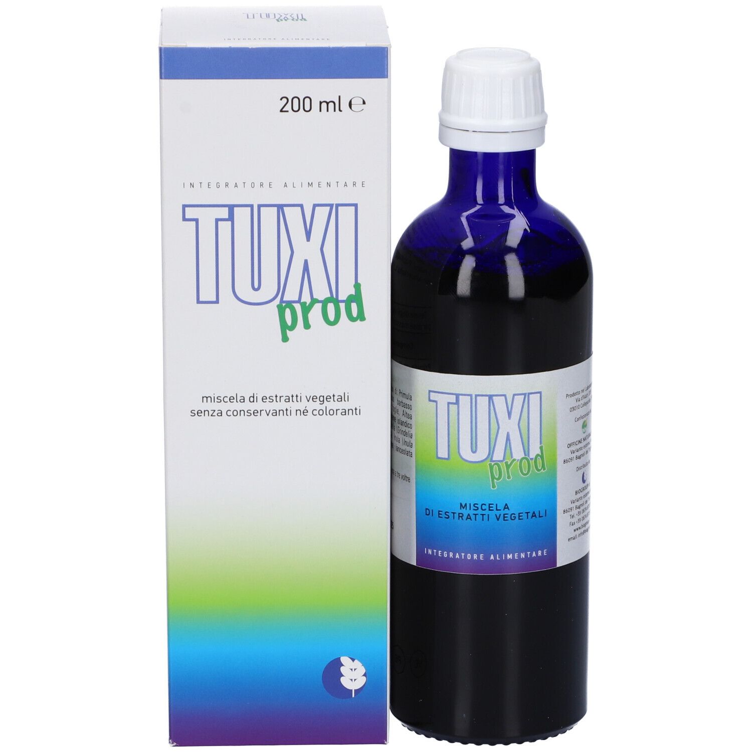 Flacone e confezione del prodotto. Scritta: TUXI prod. Flacone blu, tappo bianco. Confezione bianca.
