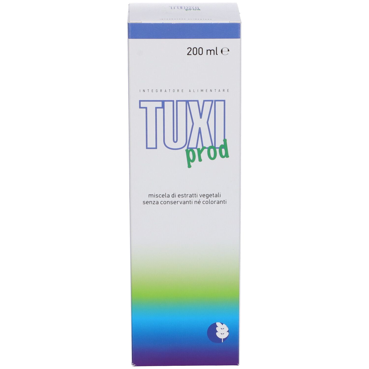 Confezione del prodotto. Scritta: TUXI prod, 200 ml. Sfumature di verde e blu.