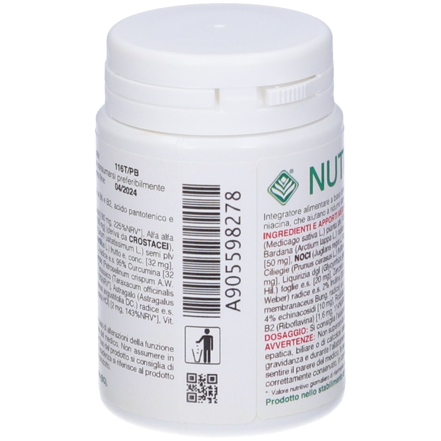 Flacone bianco con etichetta verde. Scritta: Nutri "AB". Contiene 60 compresse. Testo in italiano. Codice QR e simbolo riciclo.