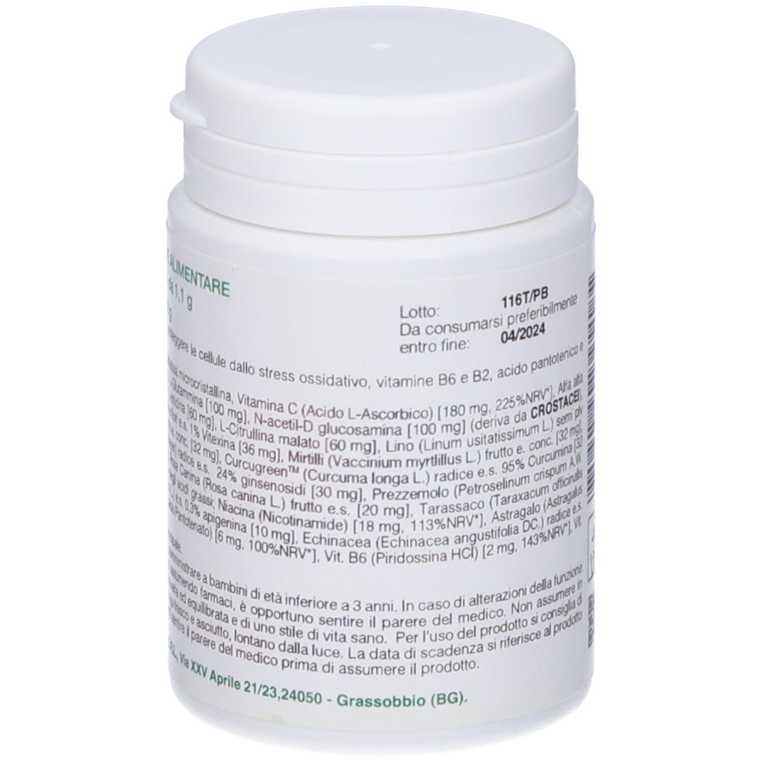 Flacone bianco con etichetta verde. Scritta: Nutri "AB". Contiene 60 compresse. Testo in italiano. Data di scadenza.