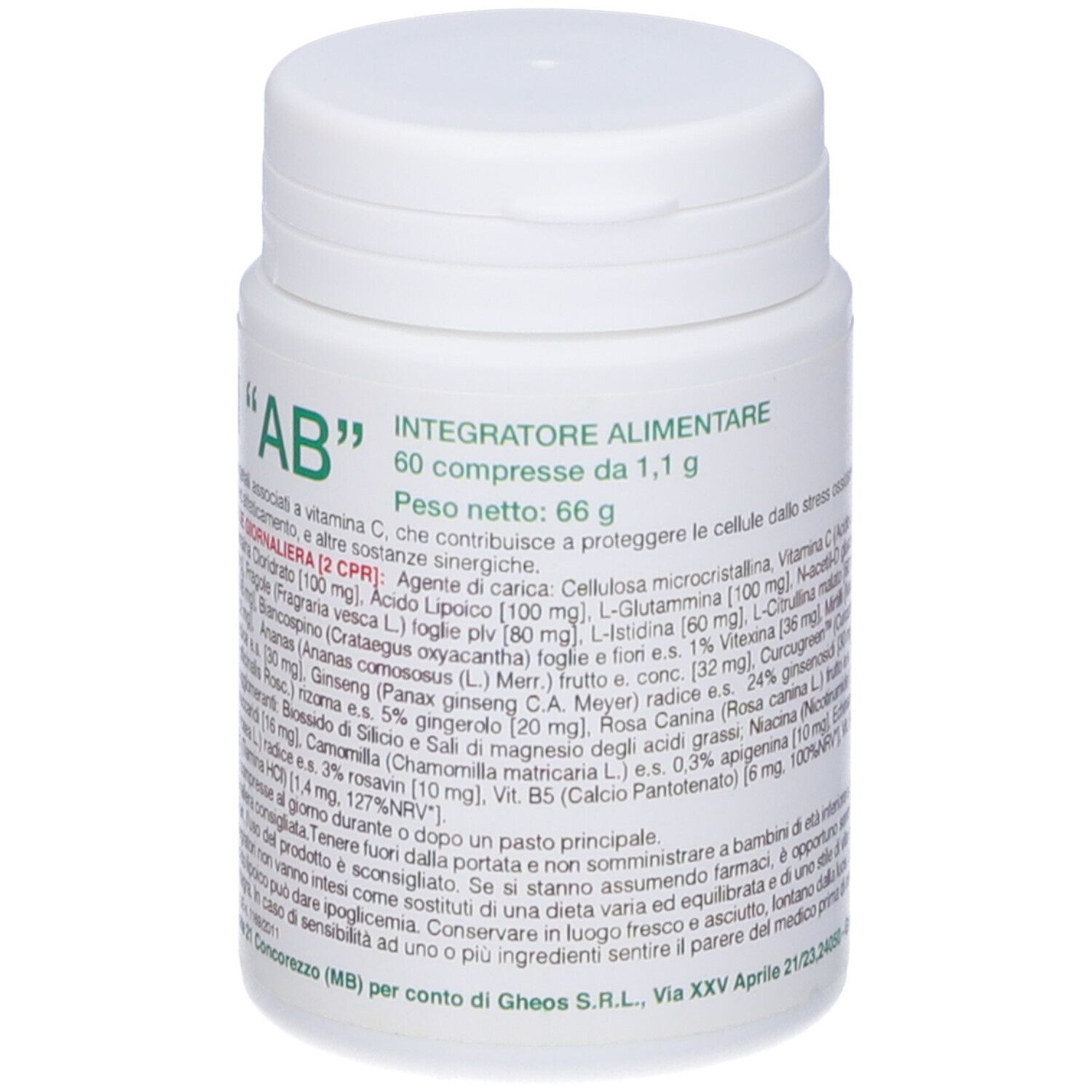 Flacone bianco con etichetta verde. Scritta: Nutri "AB". Contiene 60 compresse. Testo in italiano. Peso netto 66g.