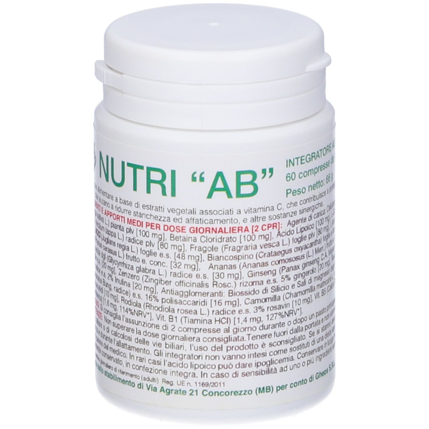 Flacone bianco con etichetta verde. Scritta: Nutri "AB". Contiene 60 compresse. Testo in italiano.