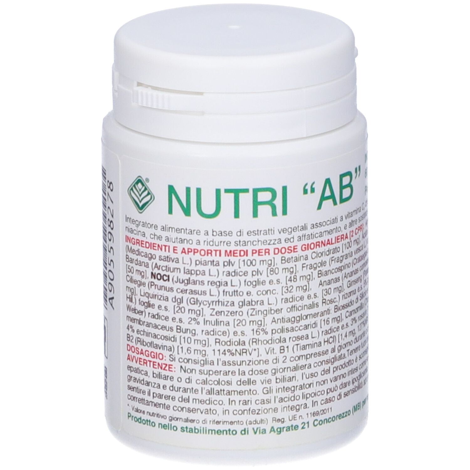 Flacone bianco con etichetta verde. Scritta: Nutri "AB". Contiene 60 compresse. Testo in italiano. Codice a barre.