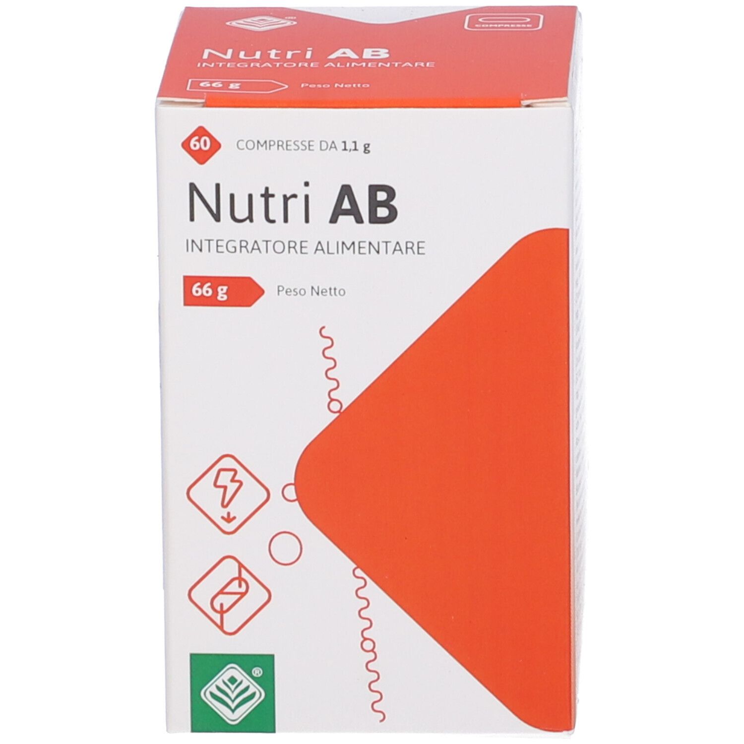 Confezione del prodotto. Scritta: Nutri AB. Contiene 60 compresse. Testo in italiano. 66g. Colori rosso e bianco.