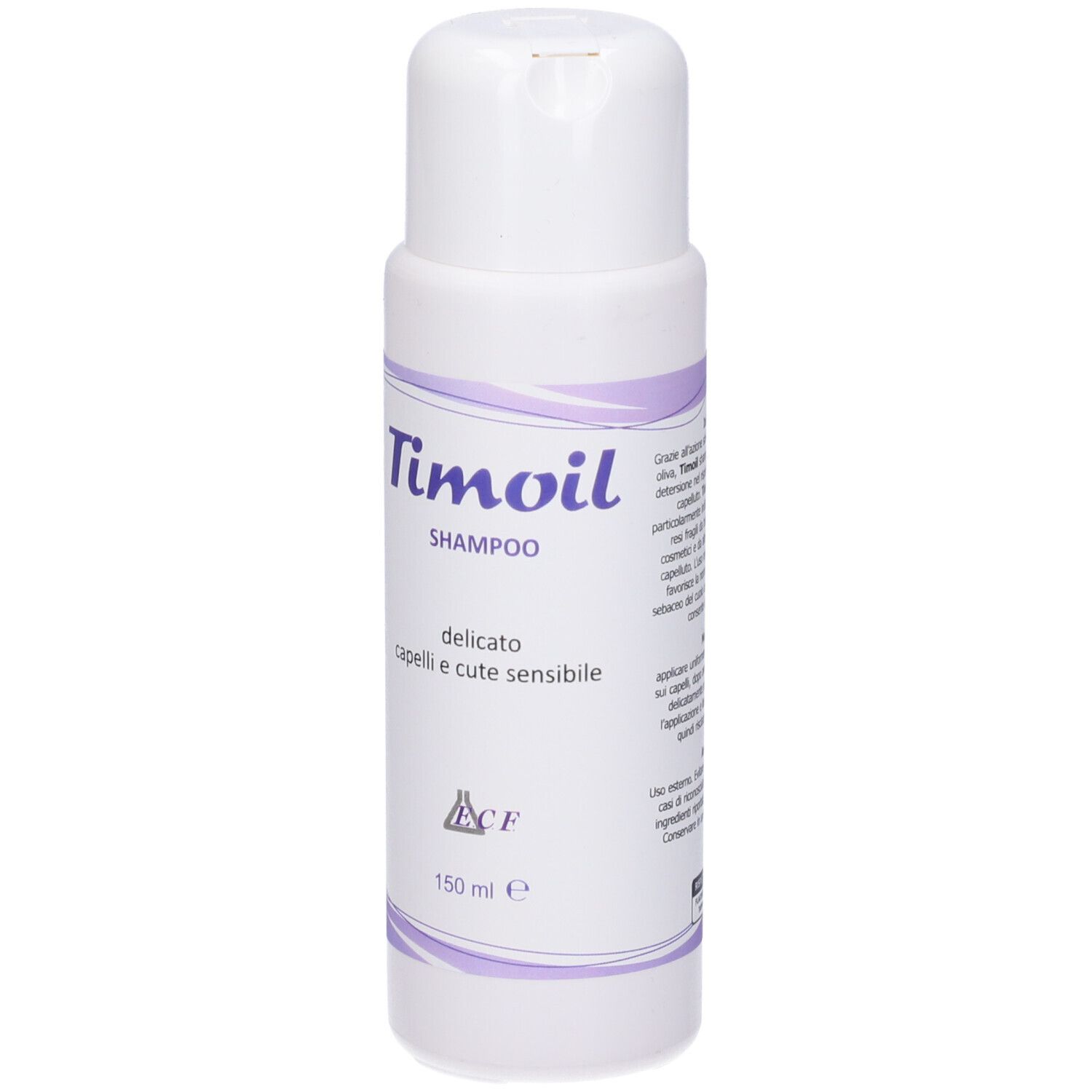 Flacone bianco con dettagli viola. Scritto: Timoil Shampoo, 150 ml. Per cute sensibile.