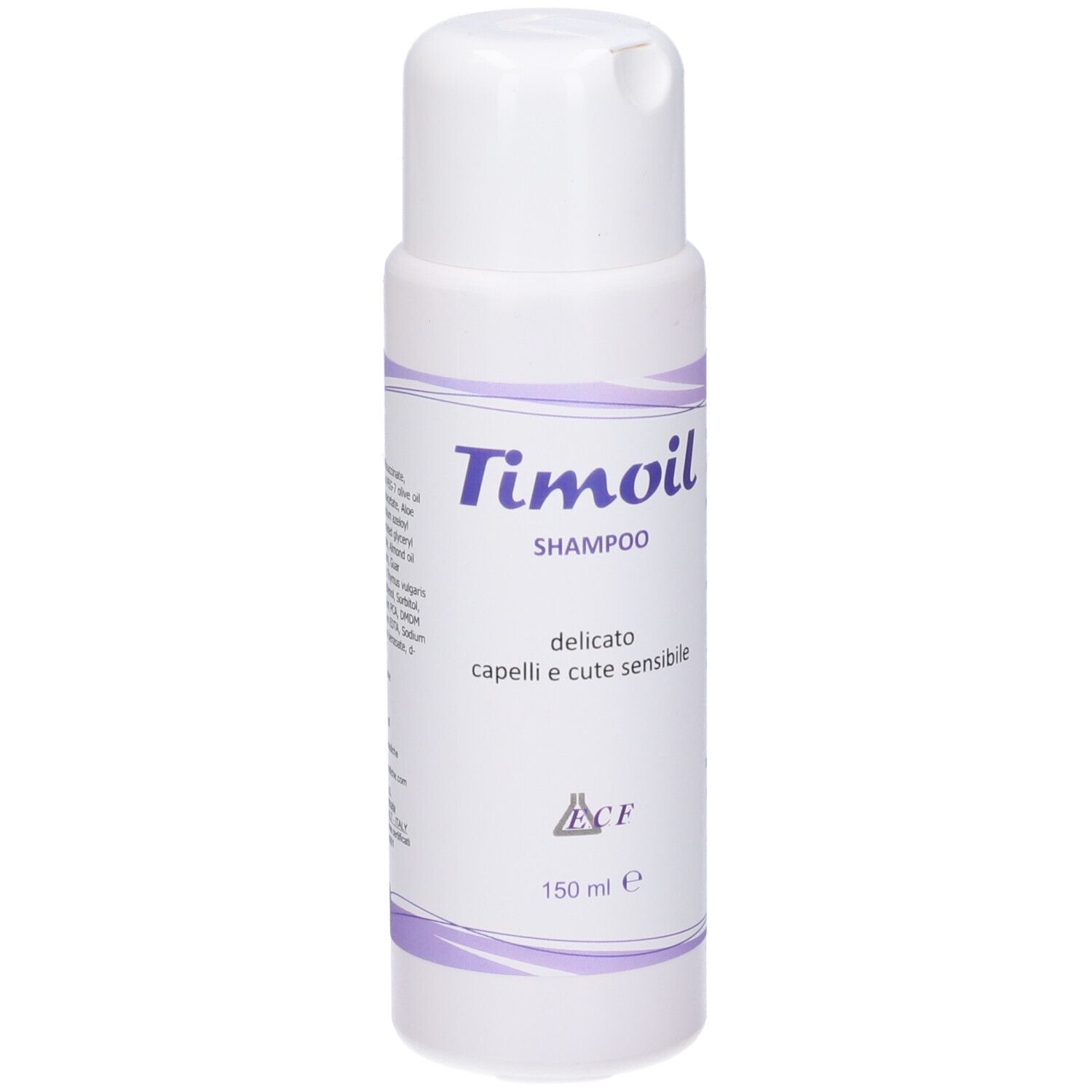 Flacone bianco con dettagli viola. Scritto: Timoil Shampoo, 150 ml. Per cute sensibile.