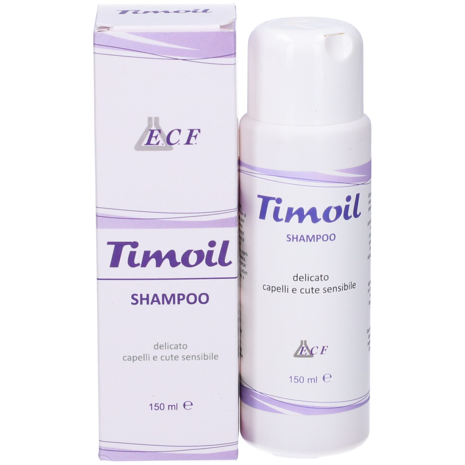 Flacone e confezione Timoil Shampoo. Scritto: 150 ml. Per cute sensibile.