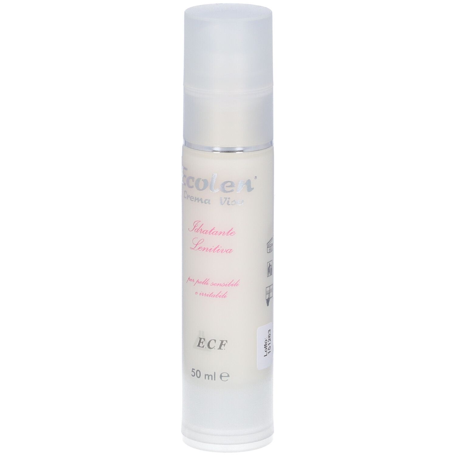 Flacone bianco con tappo trasparente. Testo: Ecolen, Idratante Lenitiva, ECF, 50 ml.