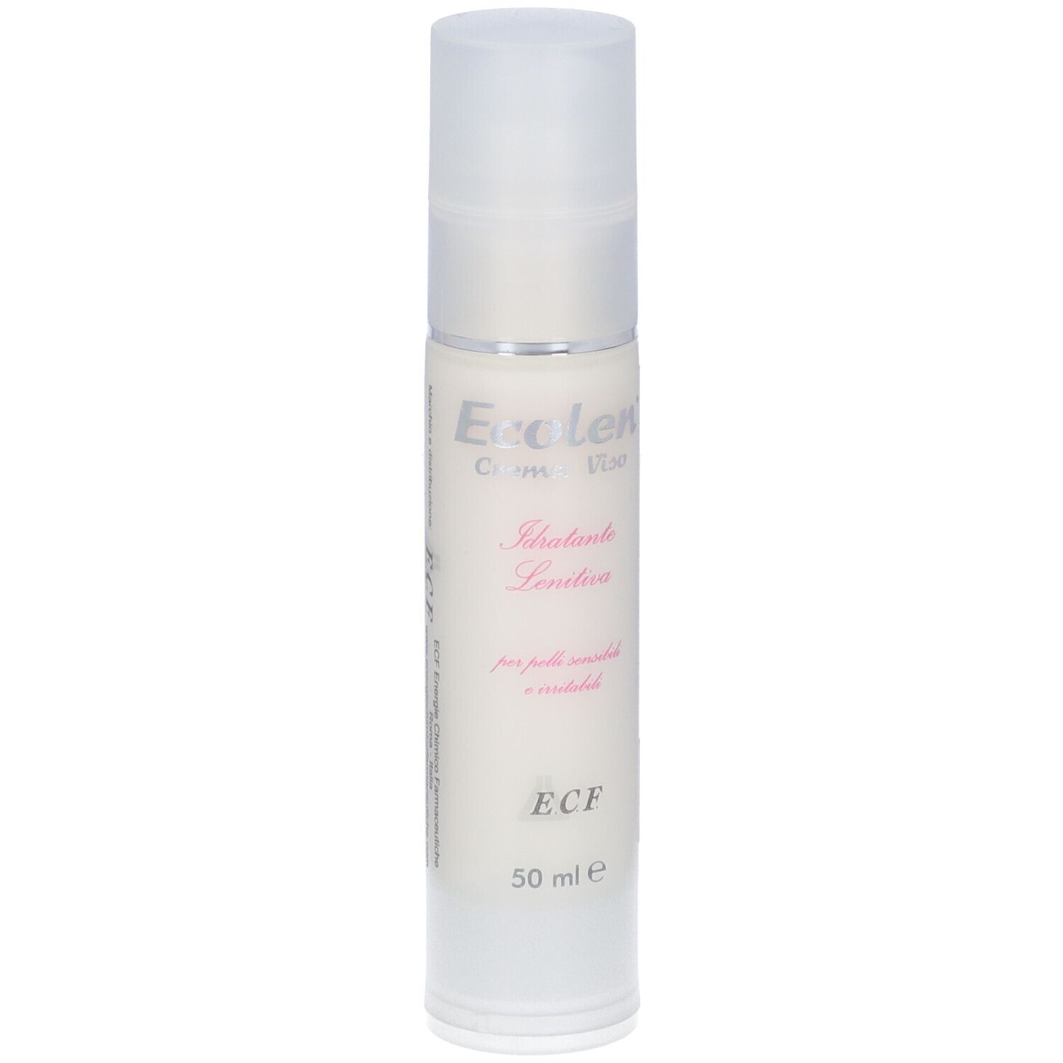 Flacone bianco con tappo trasparente. Testo: Ecolen, Idratante Lenitiva, ECF, 50 ml.