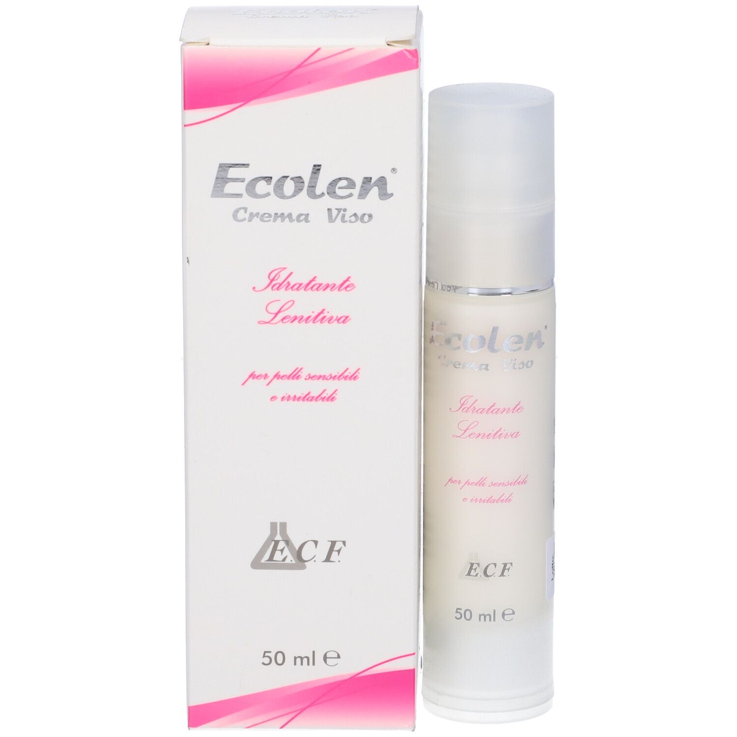 Ecolen Crema Viso, confezione bianca con flacone. Testo: Ecolen, Idratante Lenitiva, 50 ml.