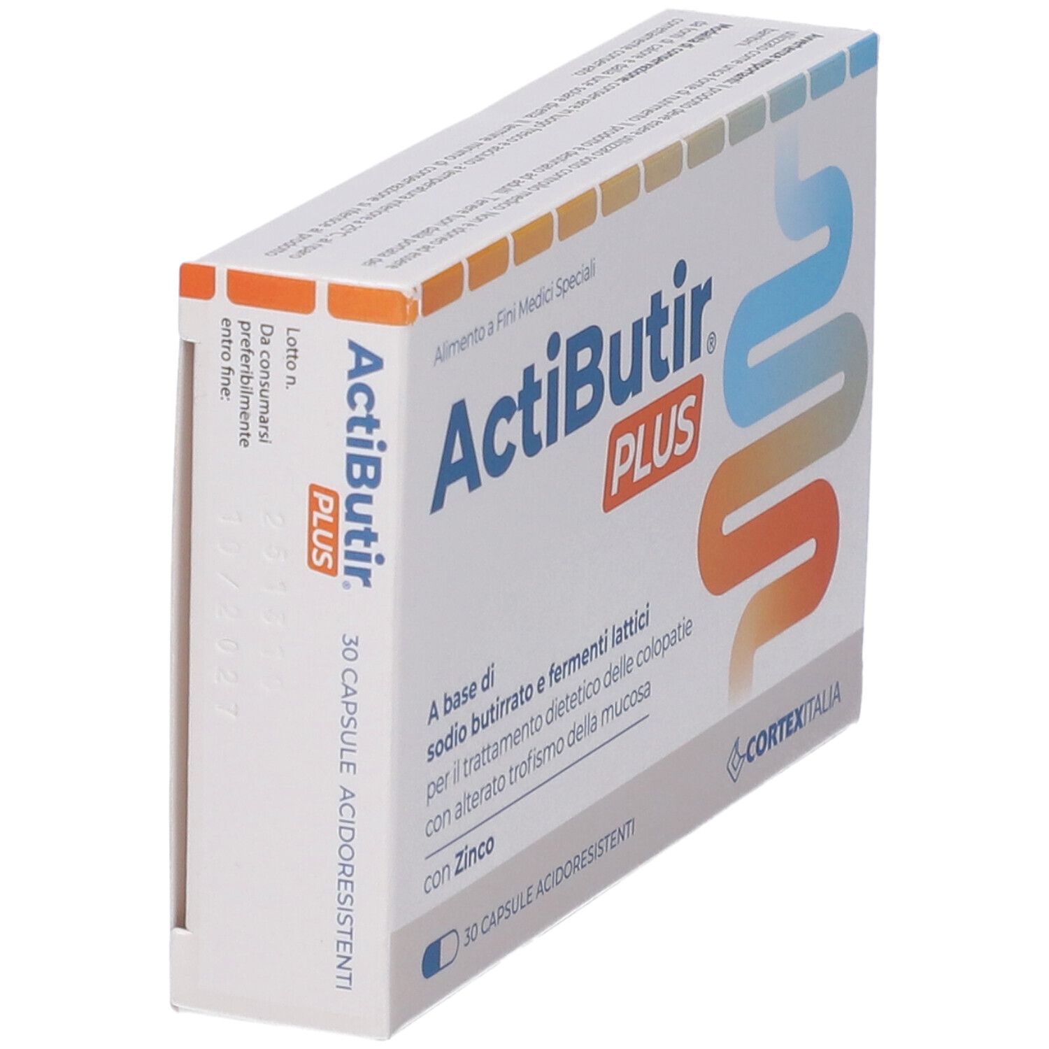 Confezione ActiButir plus, in diagonale. Scritta blu, sfondo bianco. 30 capsule. Logo Cortex Italia.