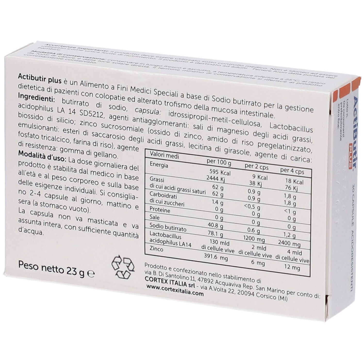 Retro confezione ActiButir plus. Informazioni nutrizionali, ingredienti. 23g. Logo Cortex Italia.