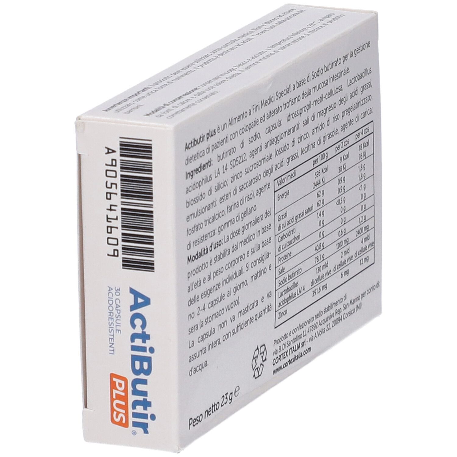 Retro confezione ActiButir plus, in diagonale. Informazioni nutrizionali, ingredienti. 23g. Logo Cortex Italia.