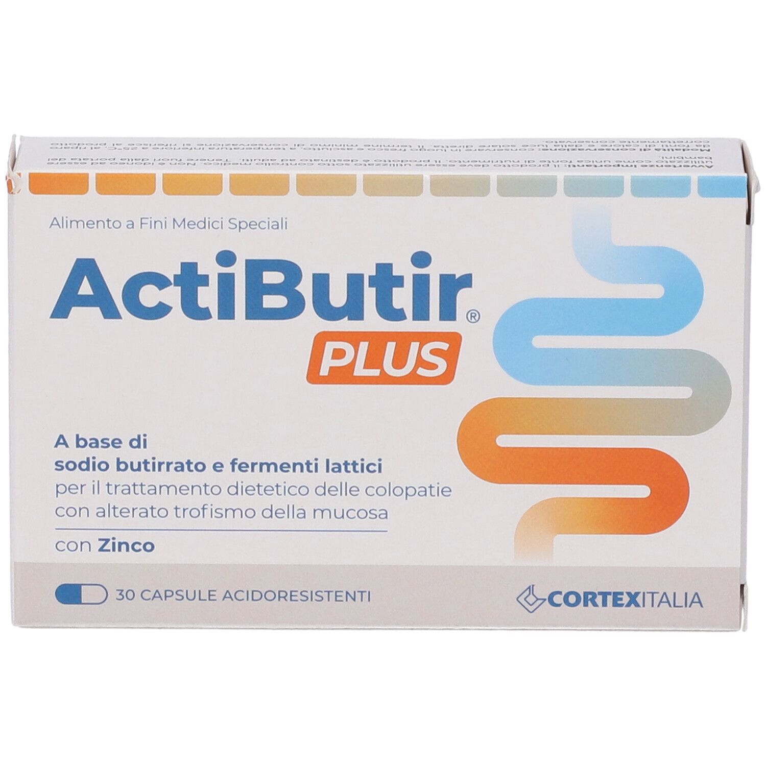 Confezione ActiButir plus. Scritta blu, sfondo bianco. 30 capsule. Logo Cortex Italia.