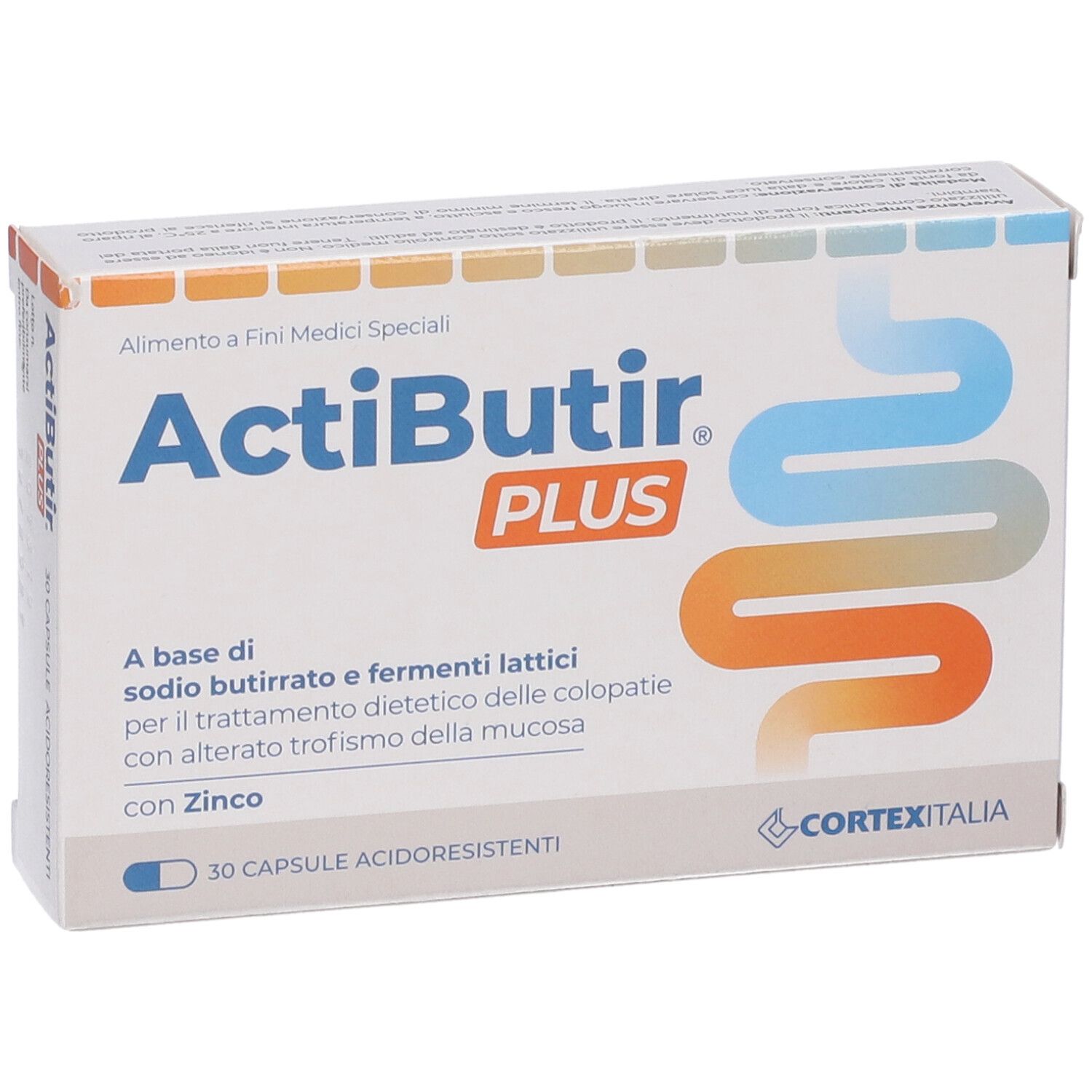 Confezione ActiButir plus. Scritta blu, sfondo bianco. 30 capsule. Logo Cortex Italia.