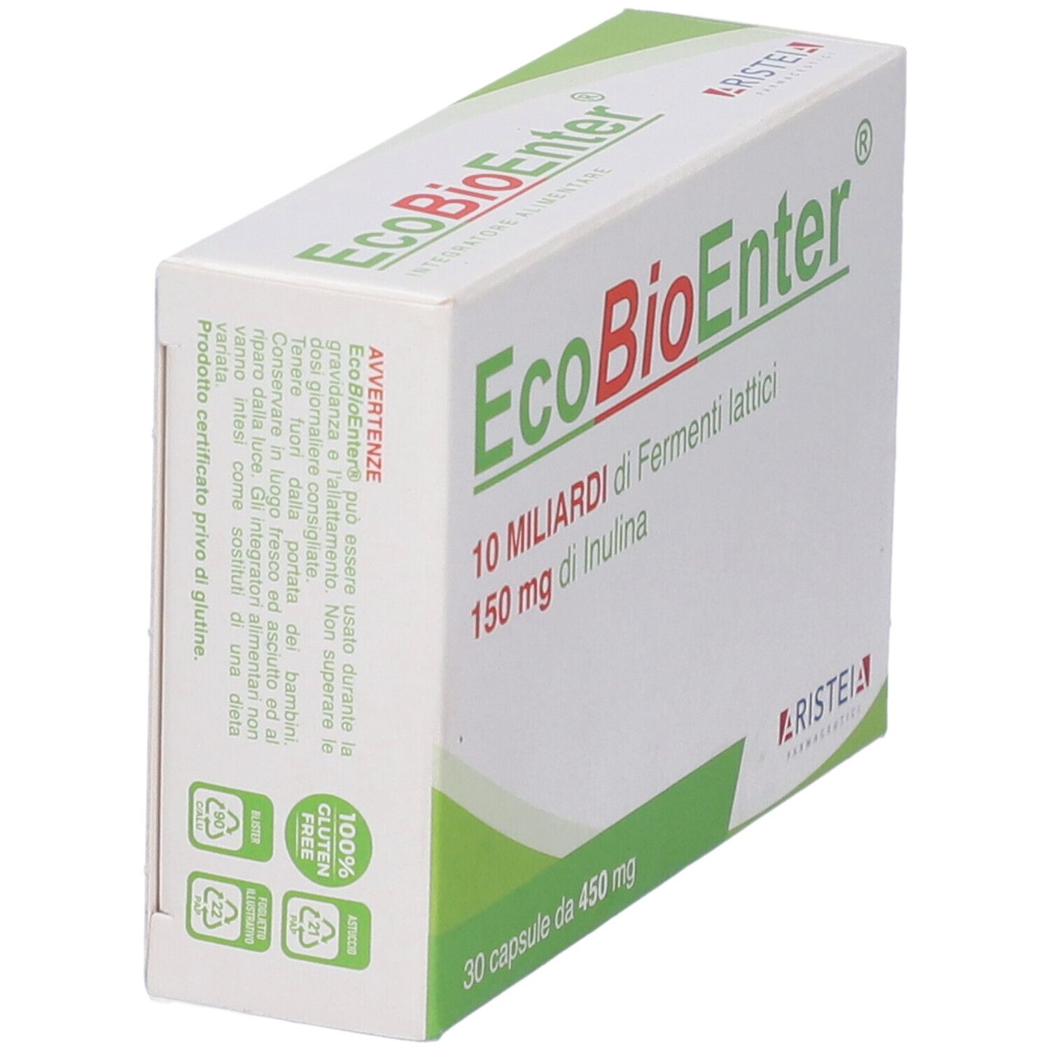 Scatola EcoBioEnter, 10 miliardi Fermenti lattici, 150 mg Inulina. Senza glutine. 30 capsule.