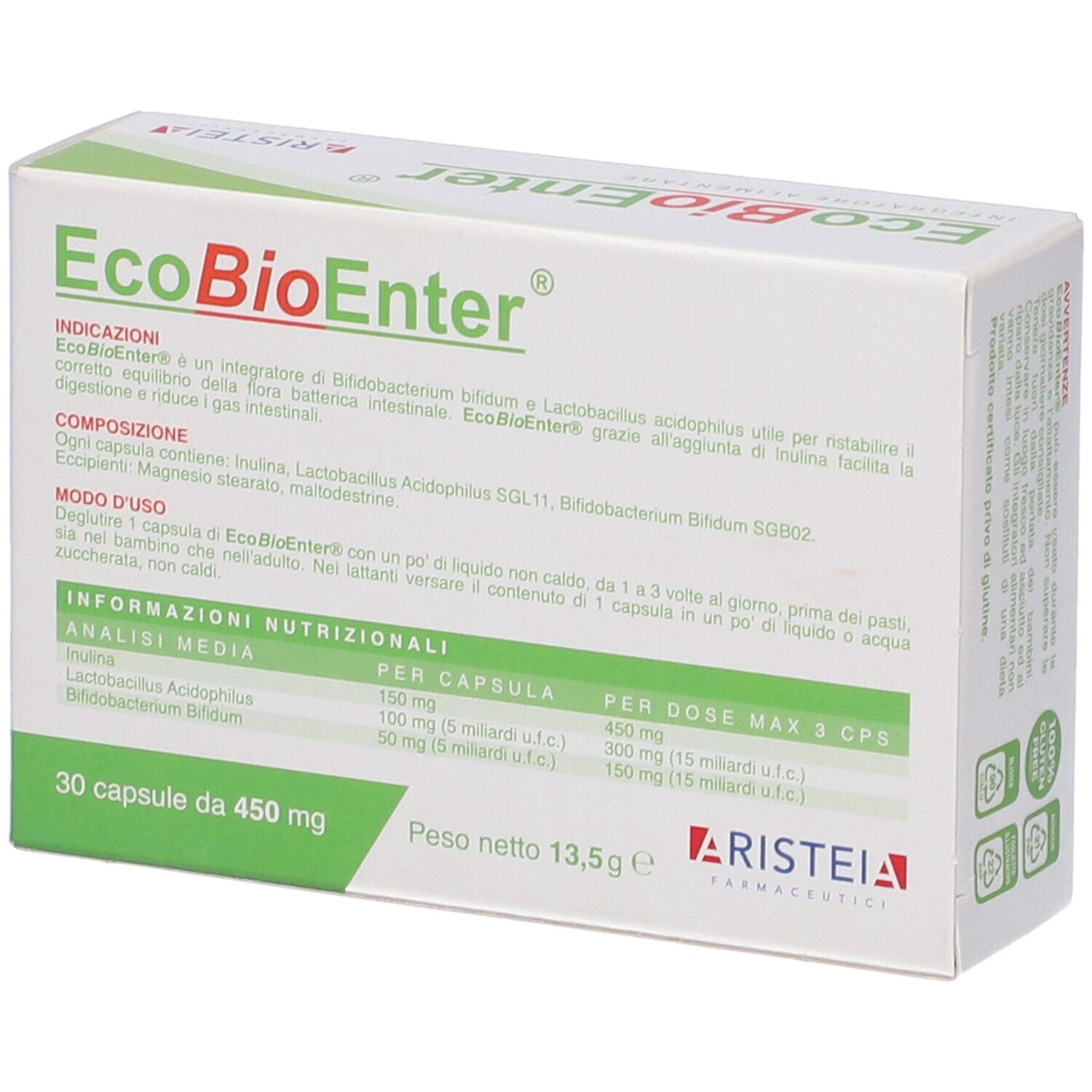 Scatola EcoBioEnter, 10 miliardi Fermenti lattici, 150 mg Inulina. 30 capsule. Informazioni nutrizionali.