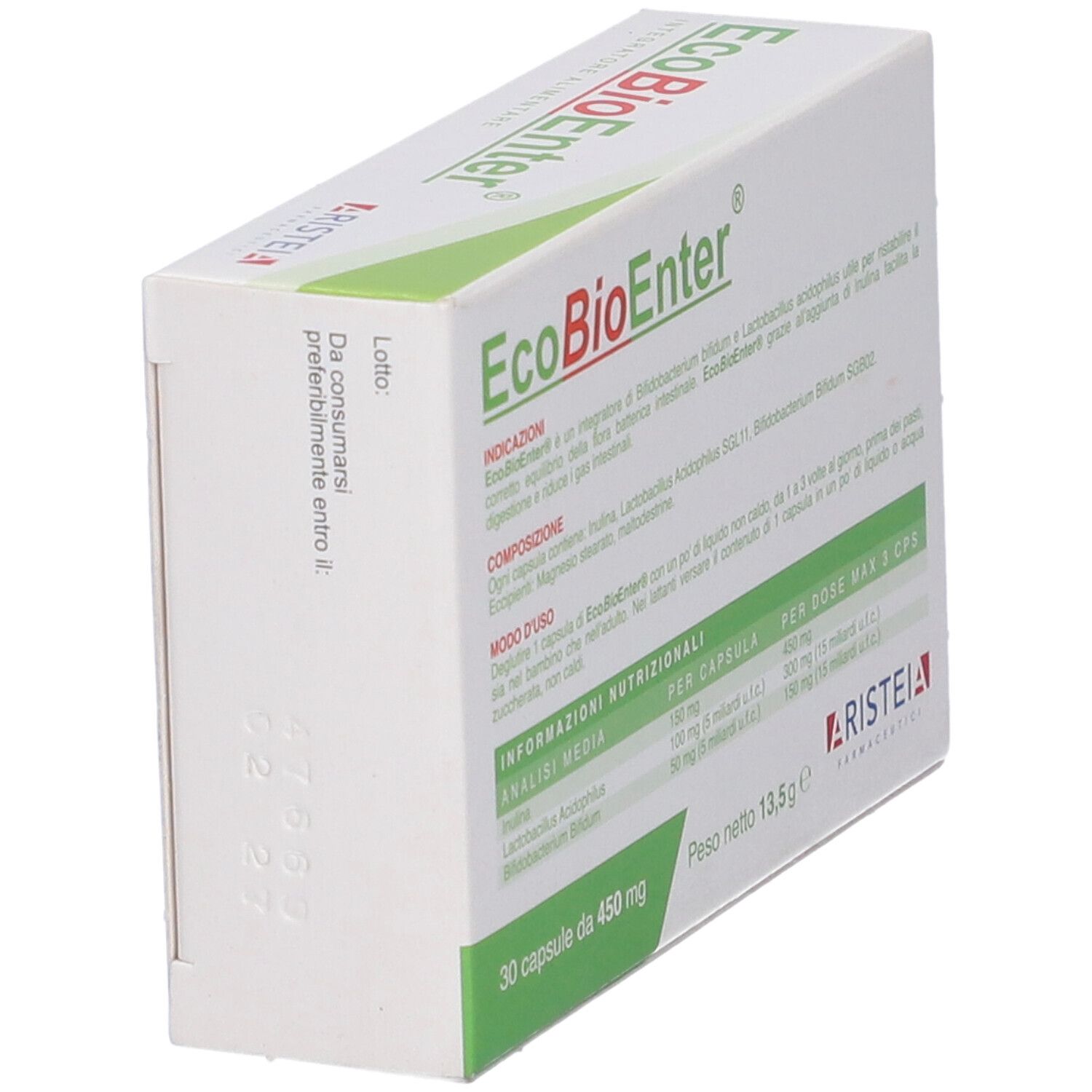 Scatola EcoBioEnter, 10 miliardi Fermenti lattici, 150 mg Inulina. 30 capsule. Peso netto 13,5g.